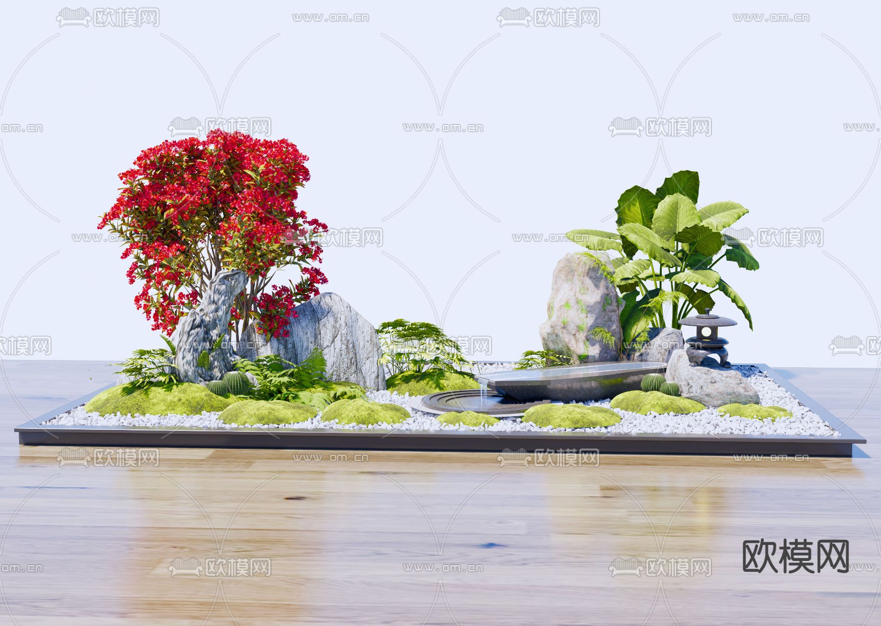 跌水造景 植物堆su模型下载（渲染图1）