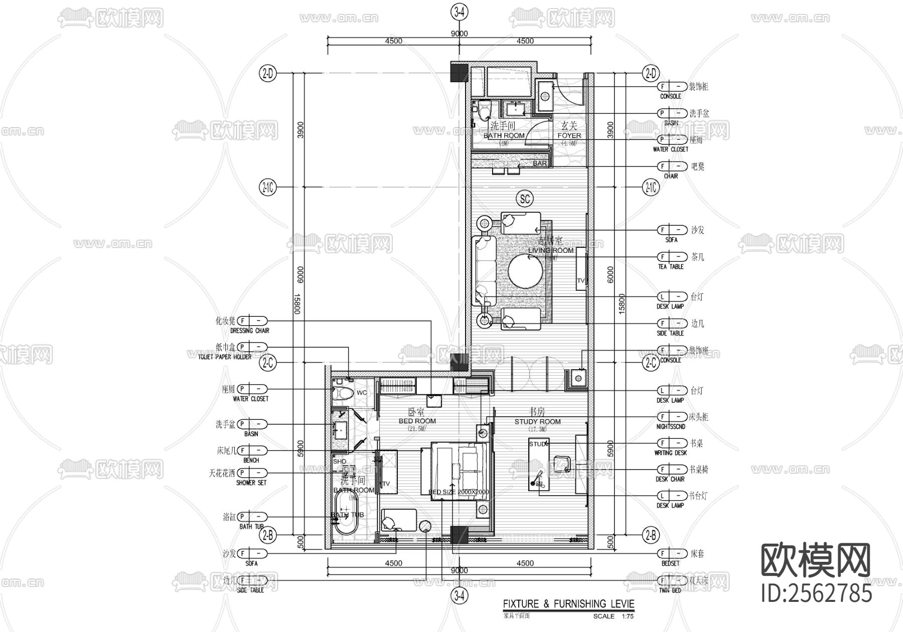 酒店客房cad平面图下载（渲染图1）