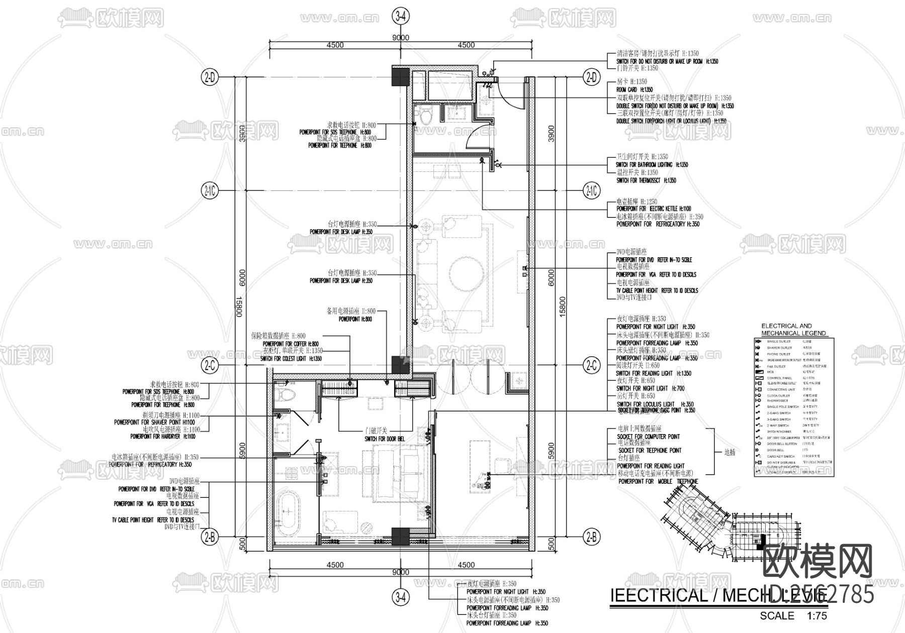 酒店客房cad平面图下载（渲染图3）