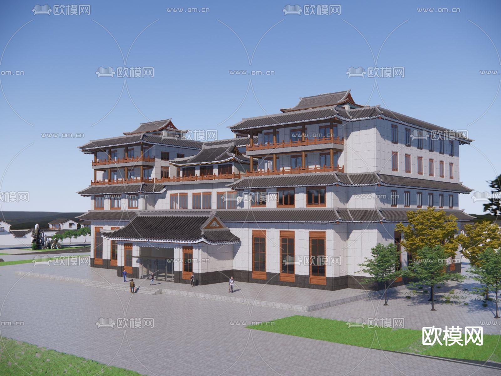 中式酒店外观su模型下载（渲染图2）