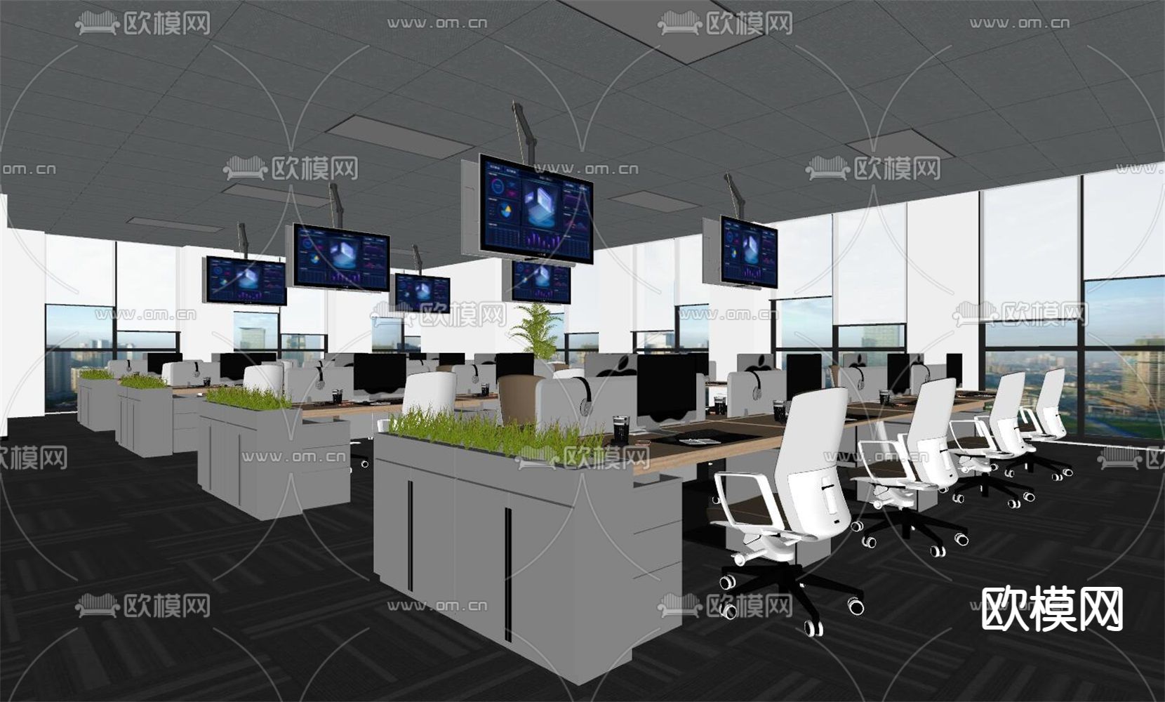 敞开式办公区 办公室su模型下载（渲染图2）