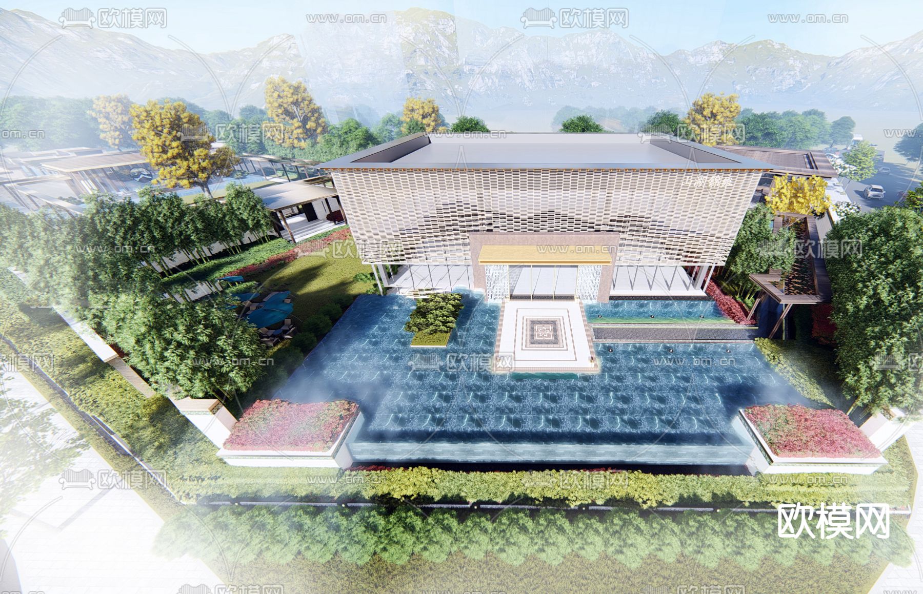 新中式售楼处 示范区su模型下载（渲染图1）