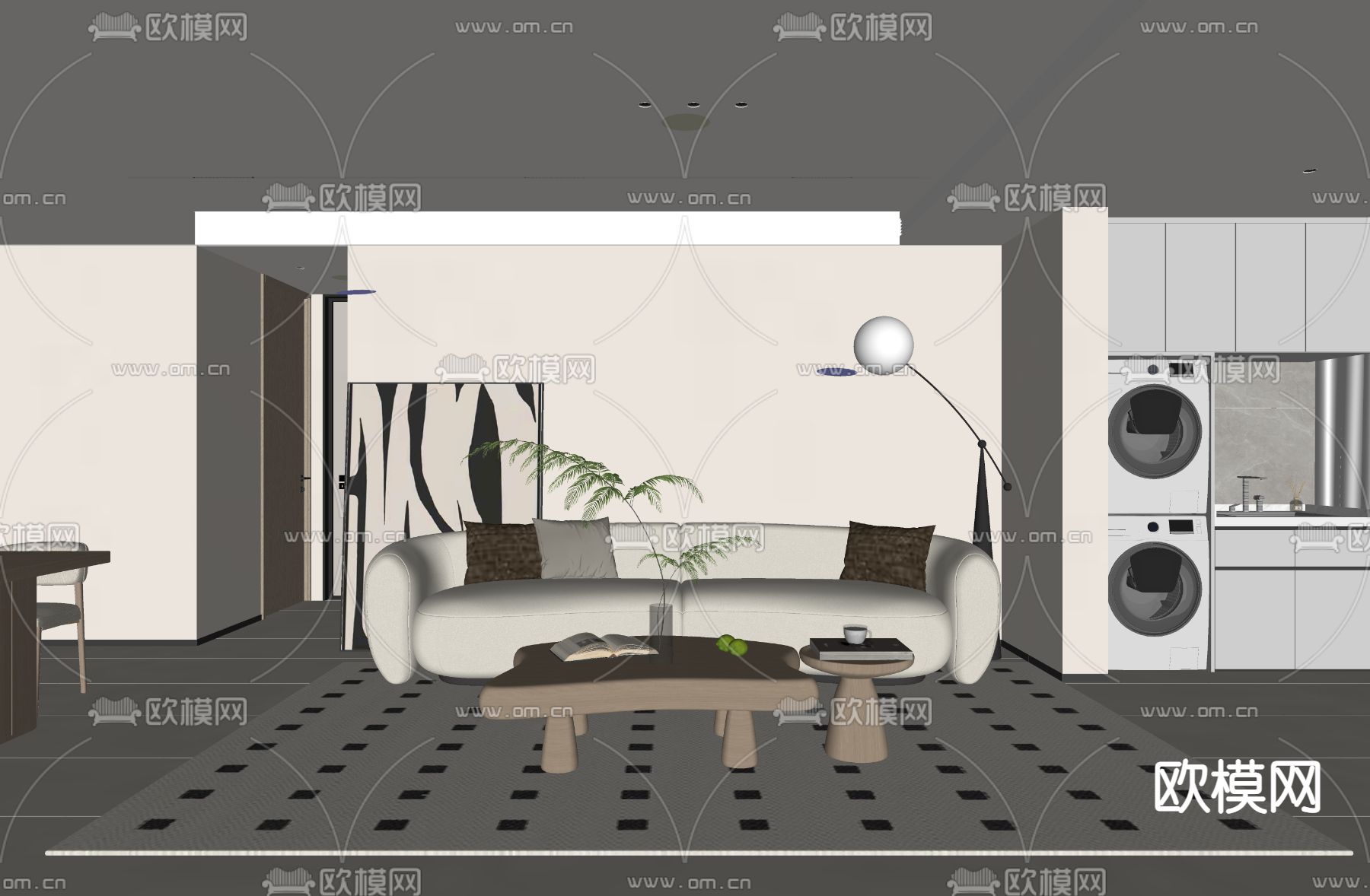 奶油风客厅su模型下载（渲染图2）