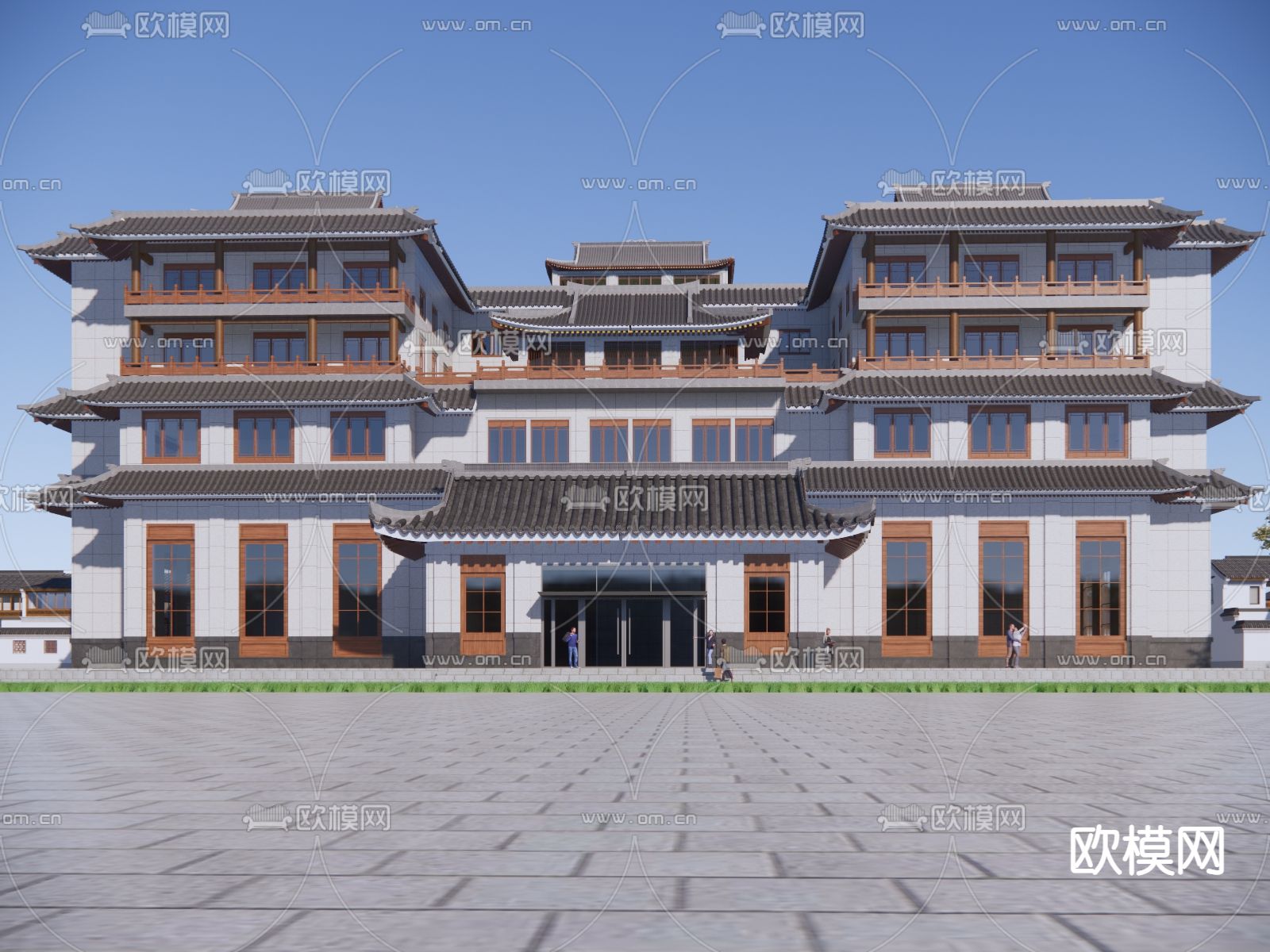 中式酒店外观su模型下载（渲染图1）