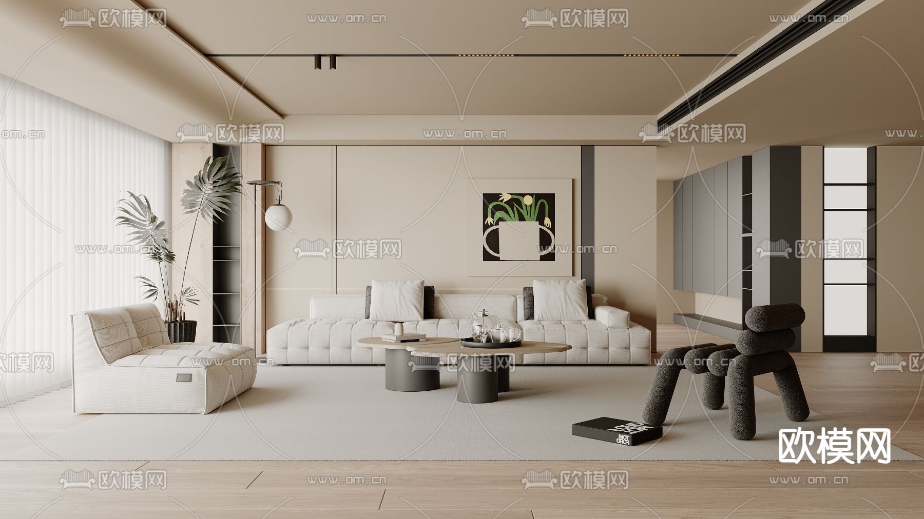 奶油风客厅3d模型下载（渲染图1）