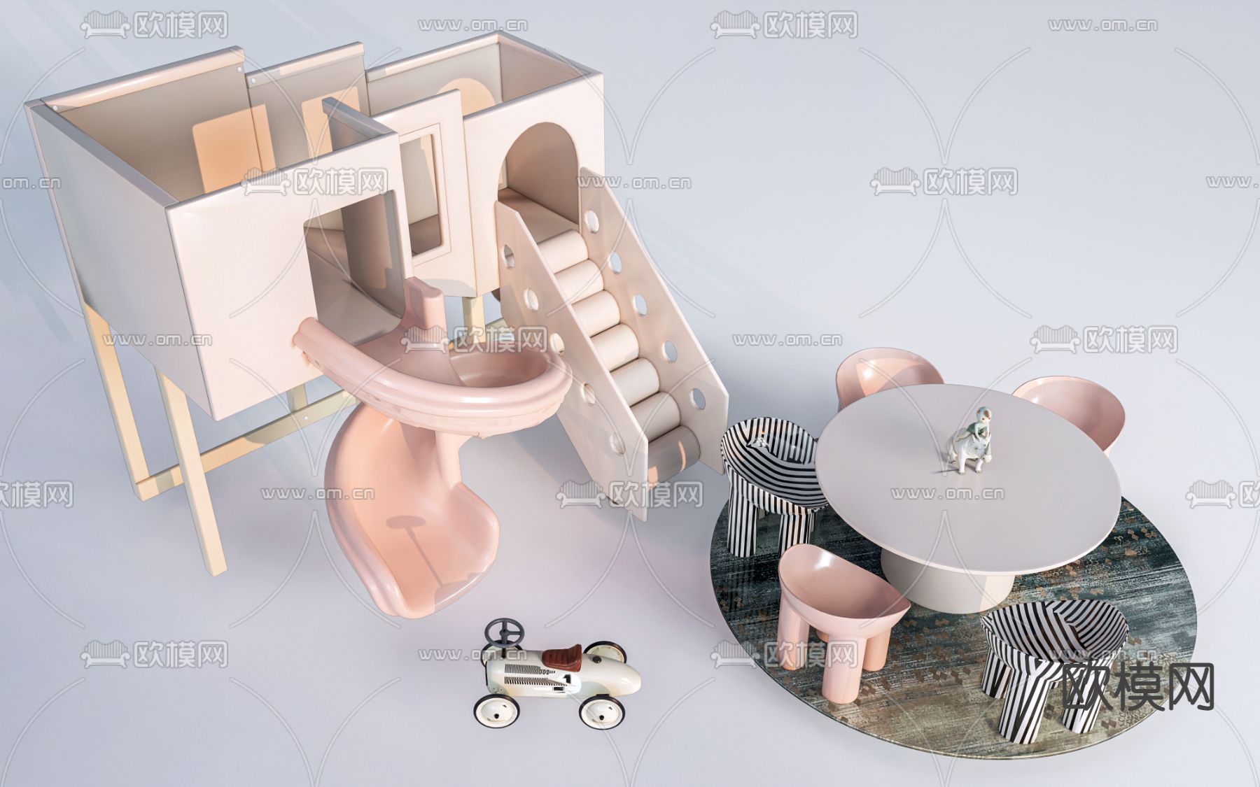 现代儿童桌椅 儿童滑梯su模型下载（渲染图1）