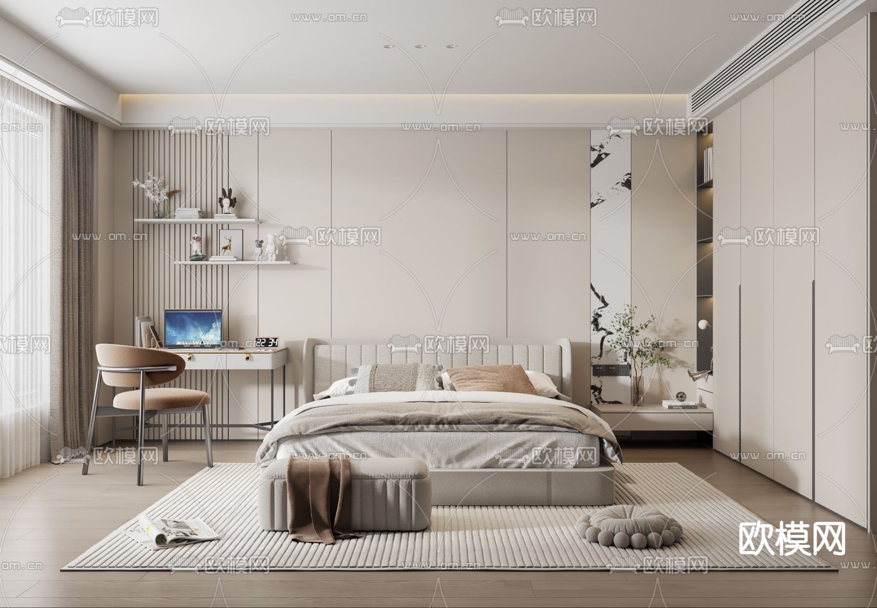 奶油风卧室 主人房3d模型下载