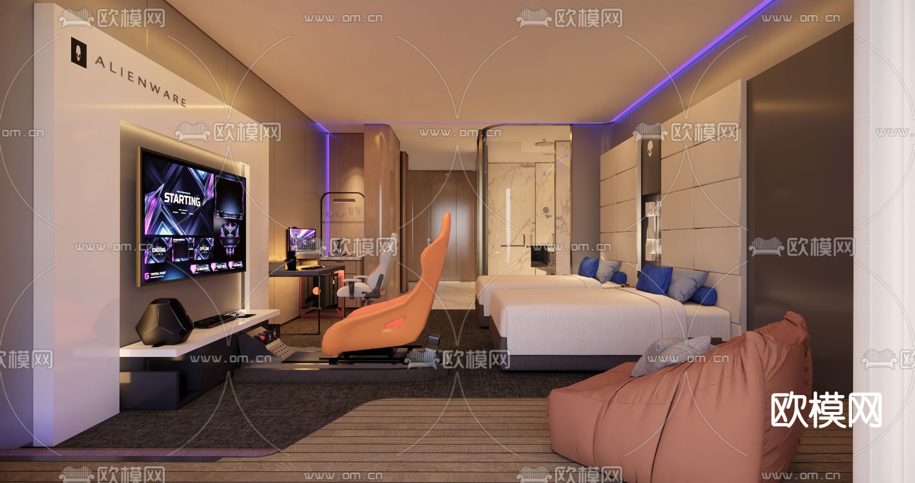 现代酒店客房su模型下载（渲染图1）