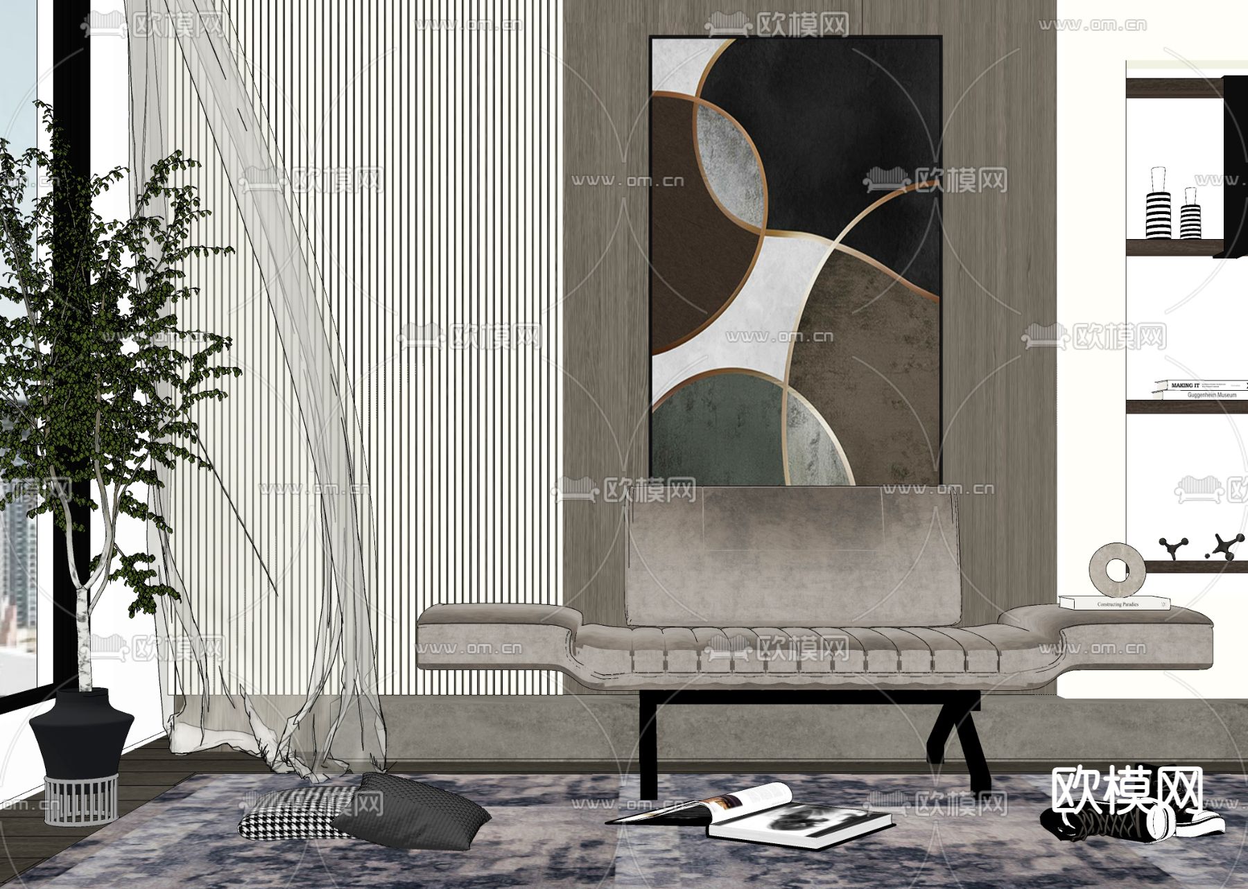 现代沙发凳su模型下载（渲染图2）