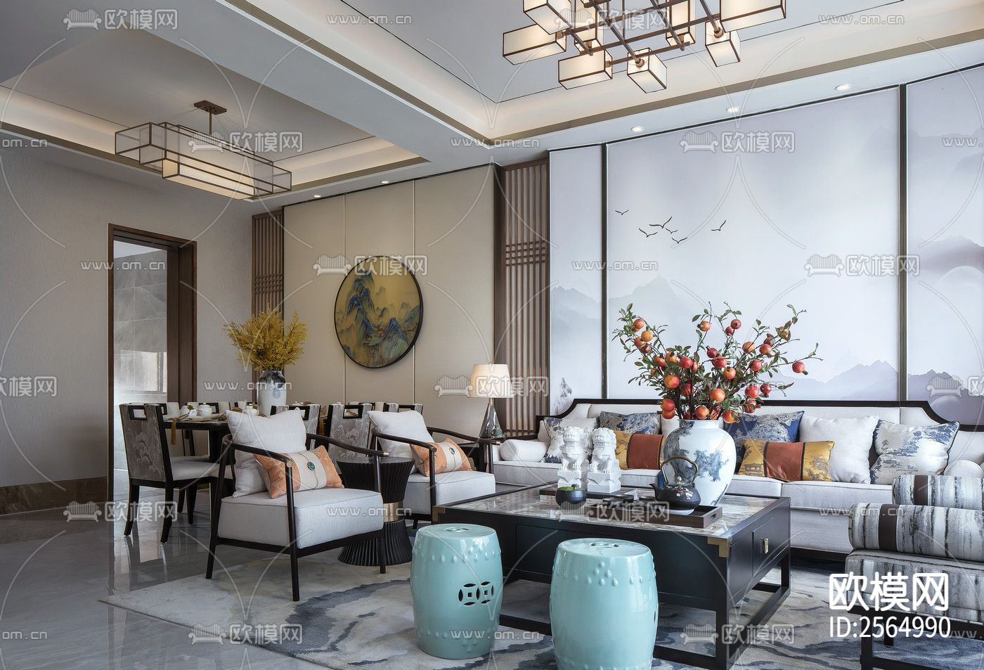 新中式豪宅大平层CAD施工图下载（渲染图7）