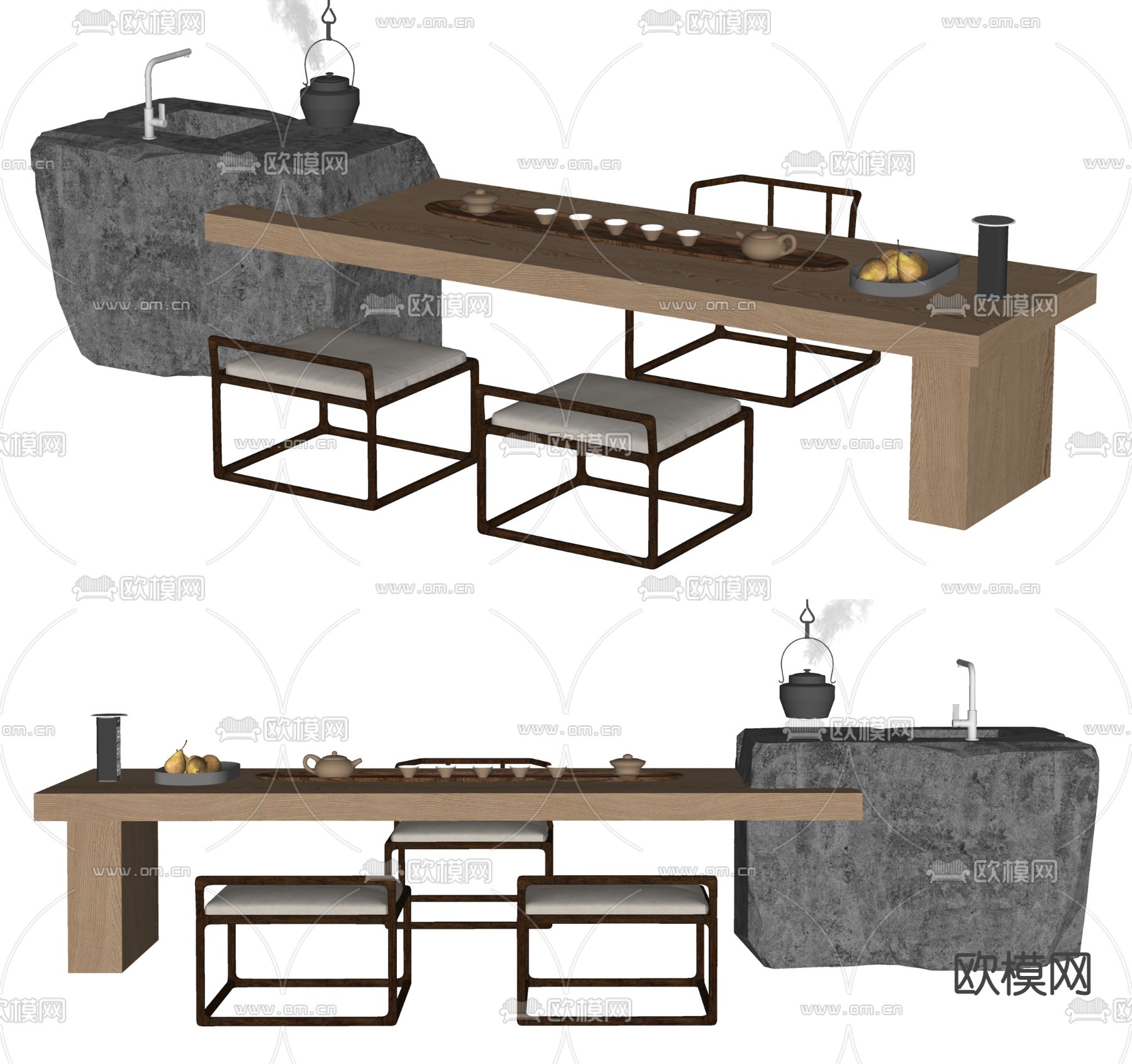 新中式茶桌 茶台su模型