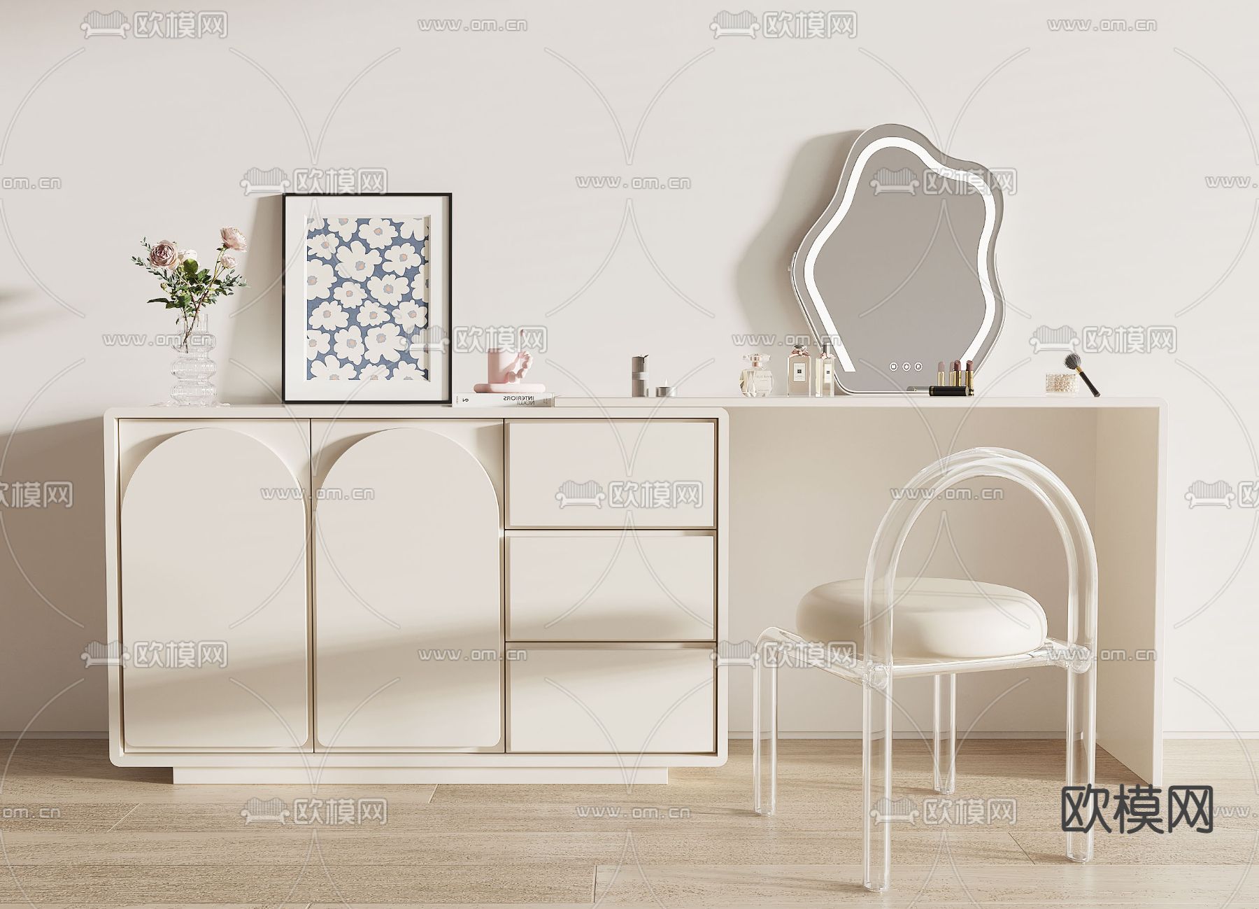 奶油风梳妆台3d模型下载