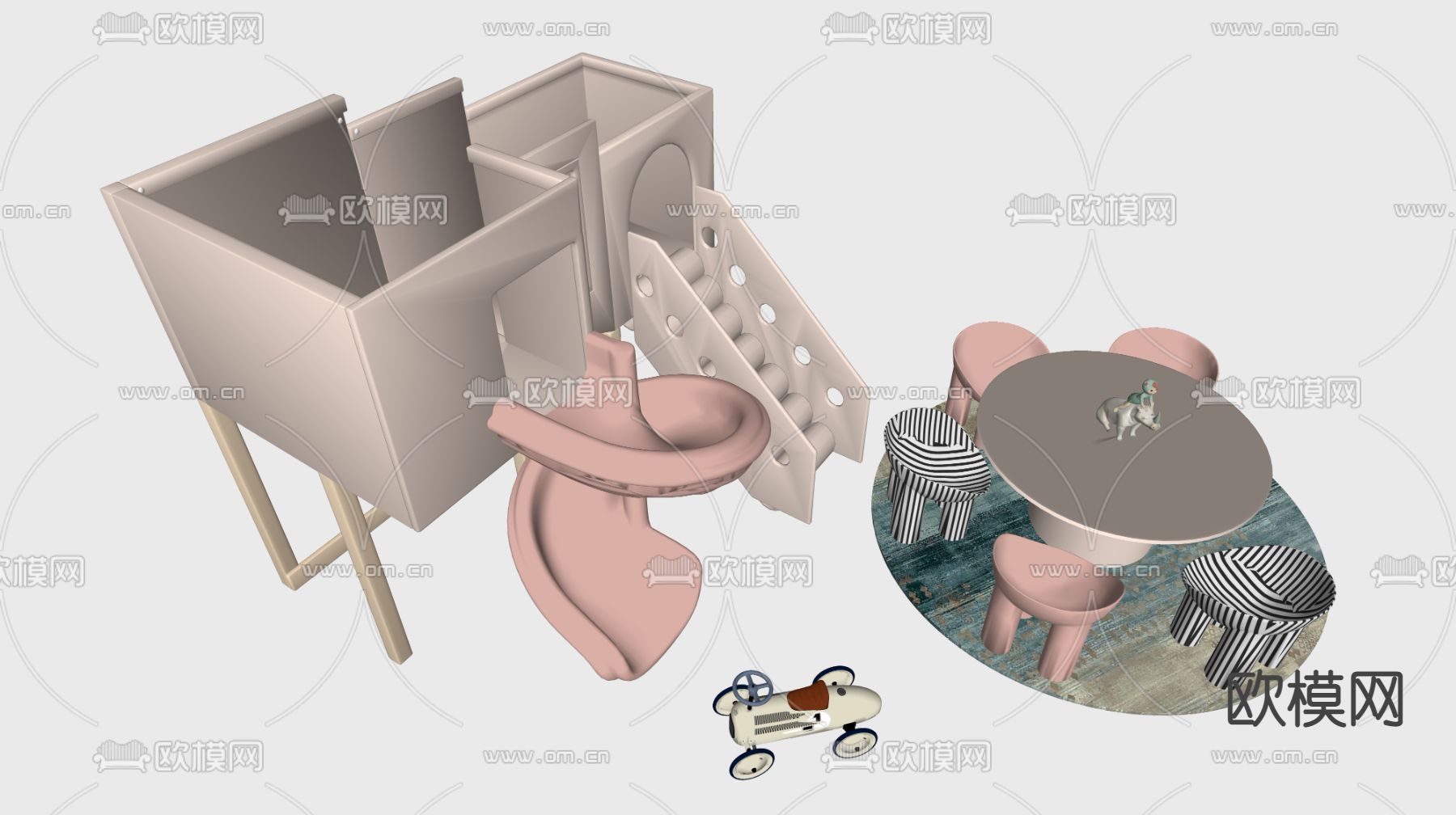 现代儿童桌椅 儿童滑梯su模型下载（渲染图2）
