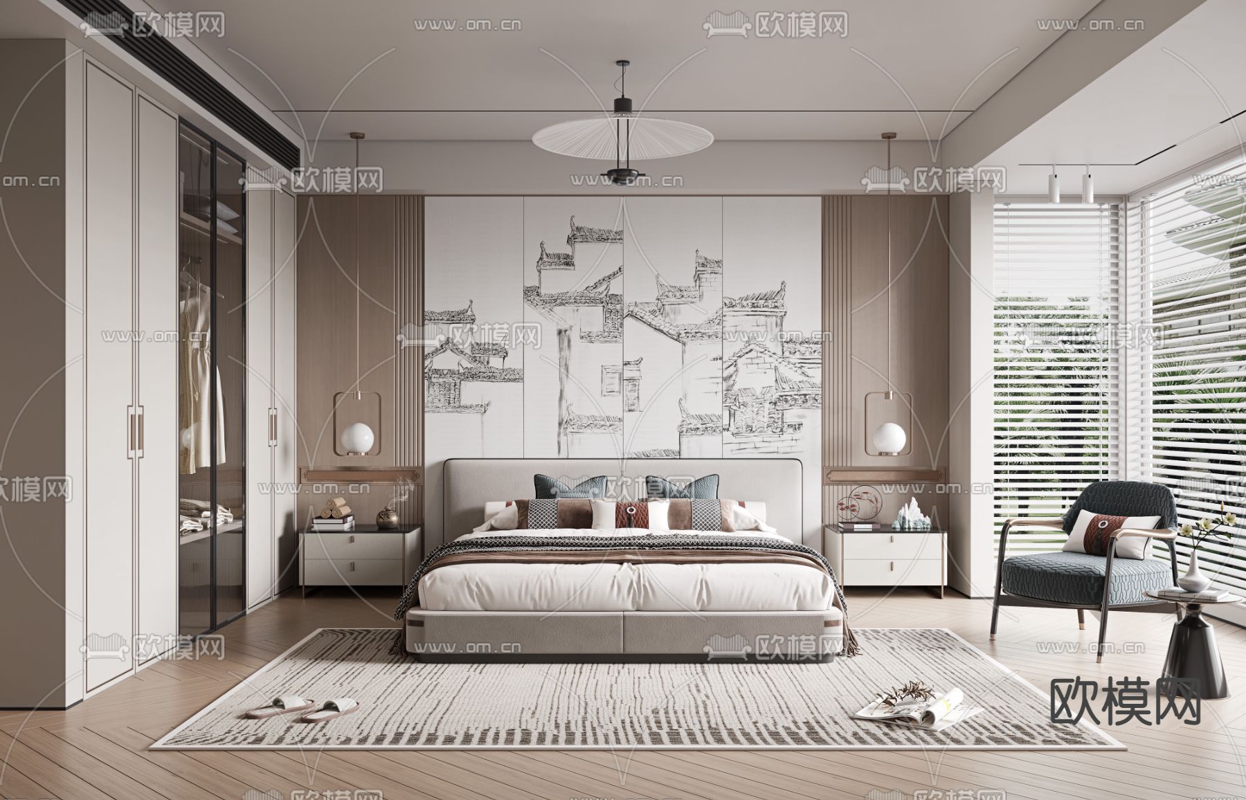 新中式卧室 主卧 主人房3d模型下载_ID14016091_3dmax免费模型-欧模网