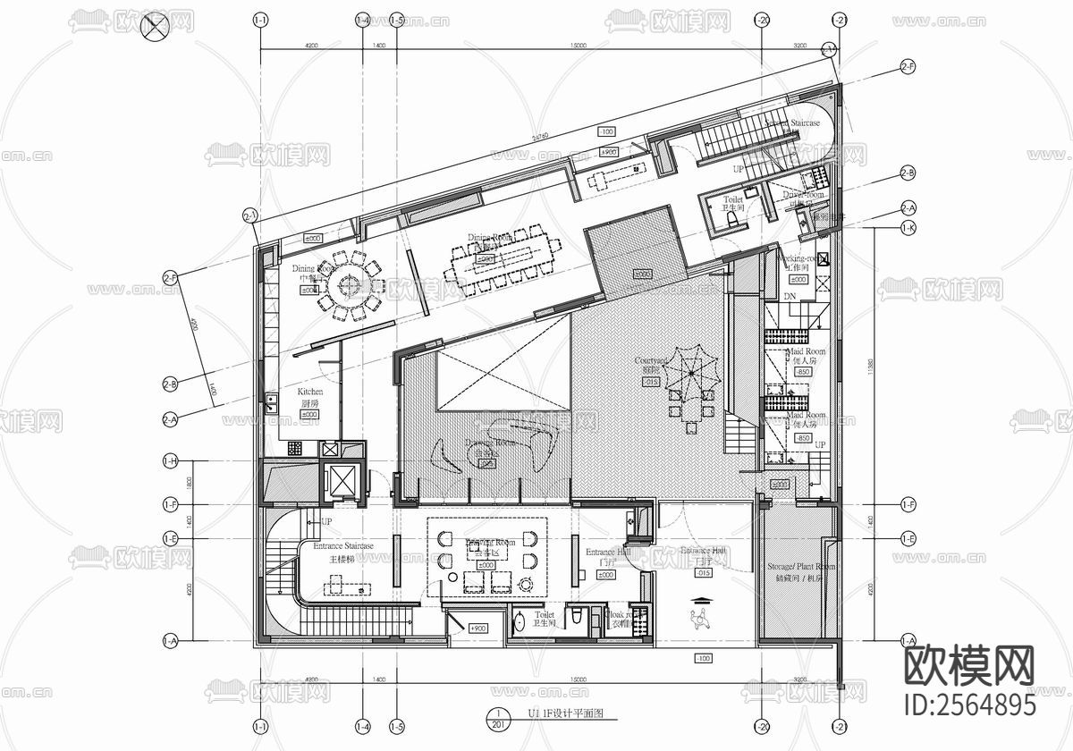 四层合院别墅室内CAD施工图下载（渲染图1）
