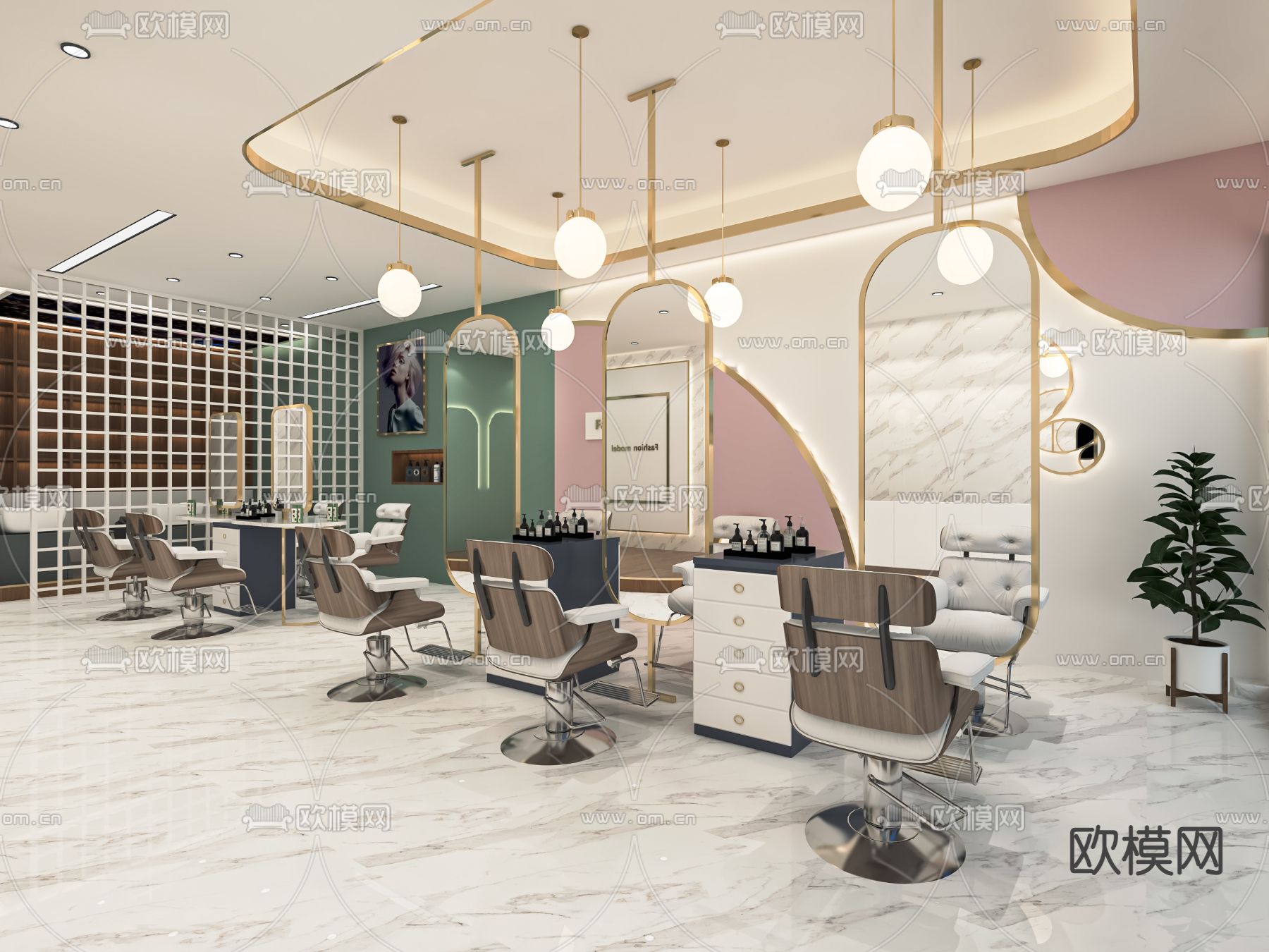 轻奢理发店su模型下载（渲染图1）