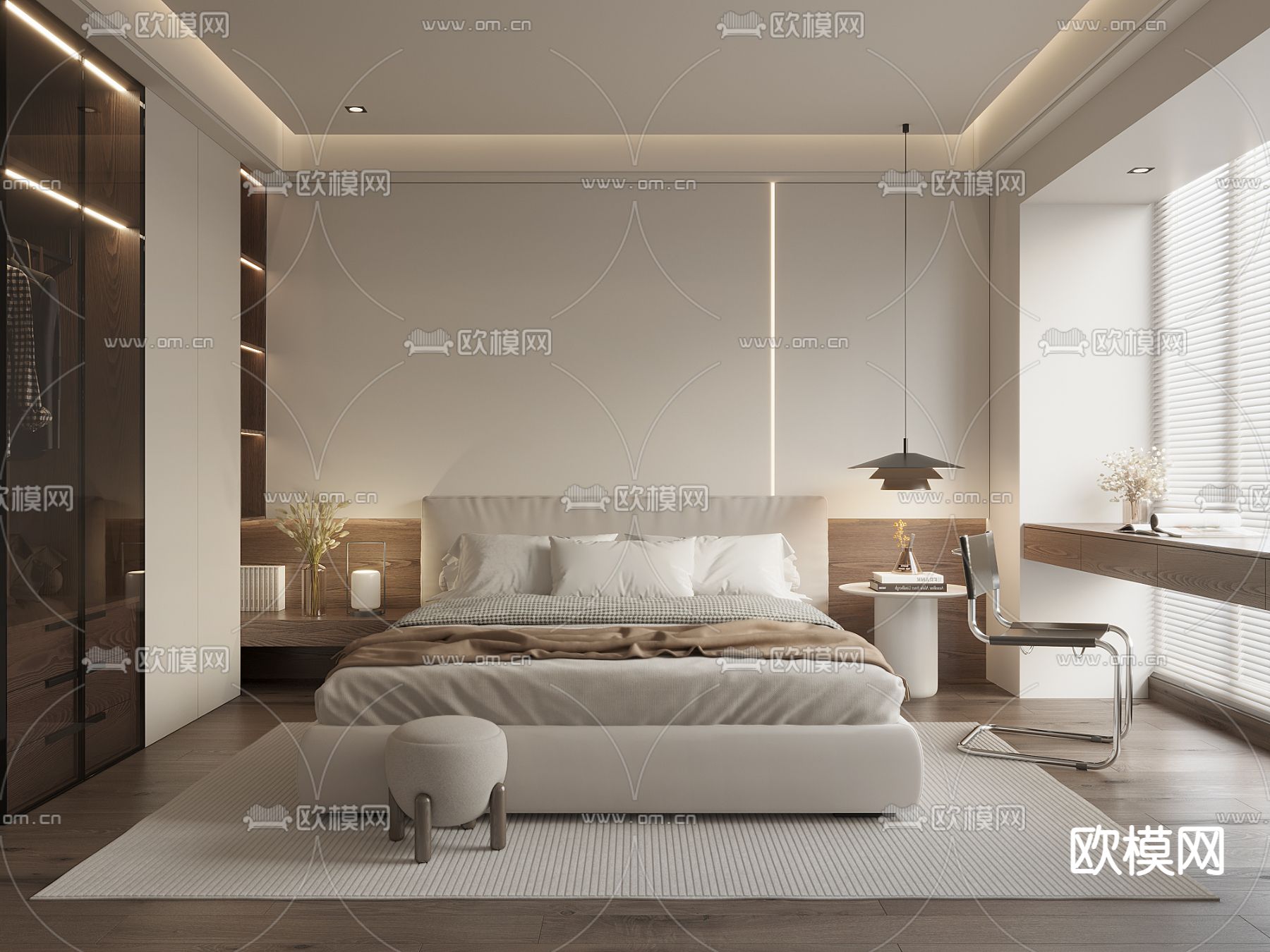 奶油风卧室 主人房su模型下载（渲染图1）