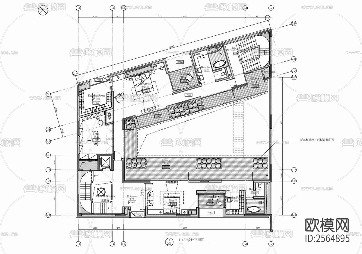 四层合院别墅室内CAD施工图下载（渲染图3）