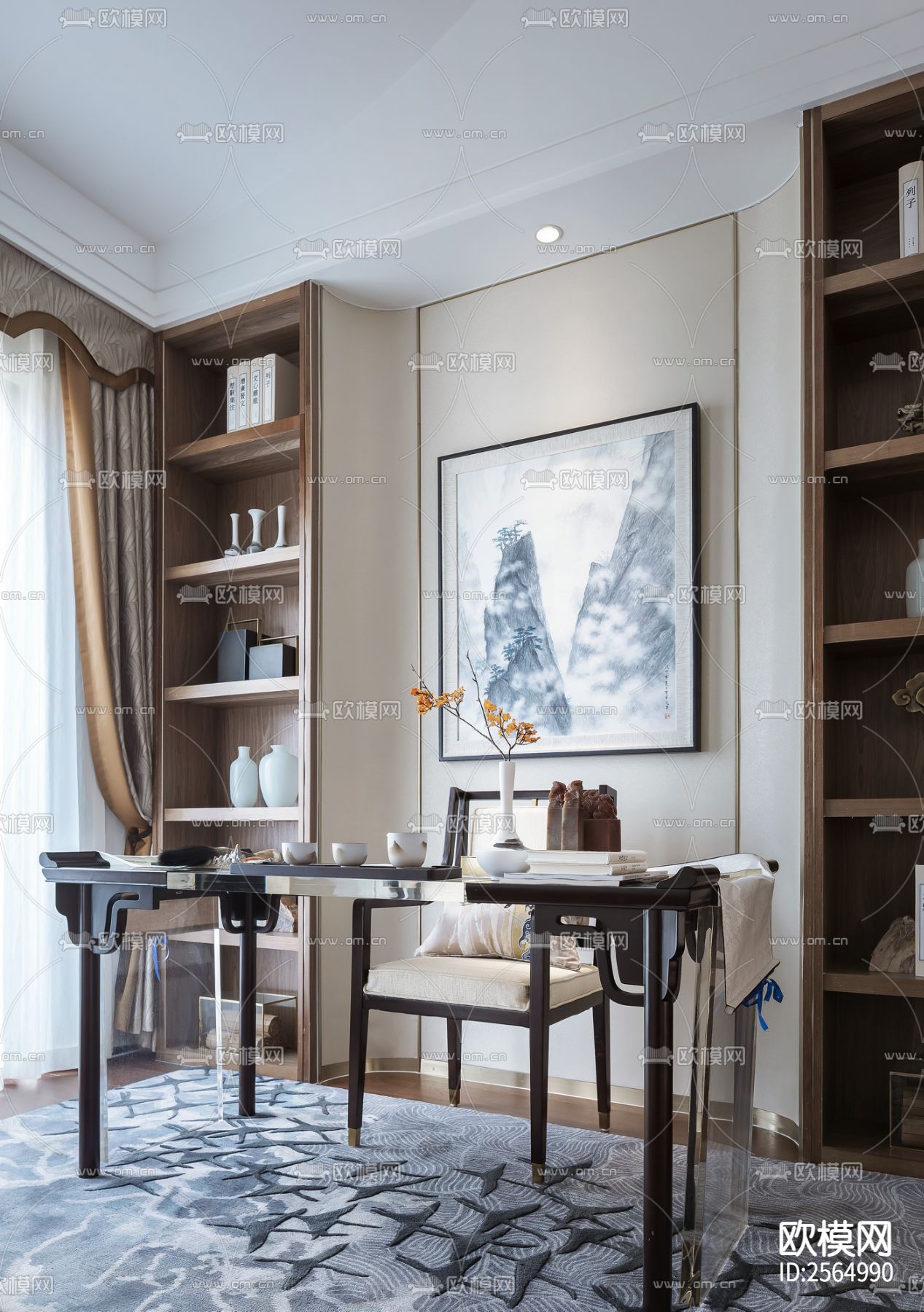 新中式豪宅大平层CAD施工图下载（渲染图4）