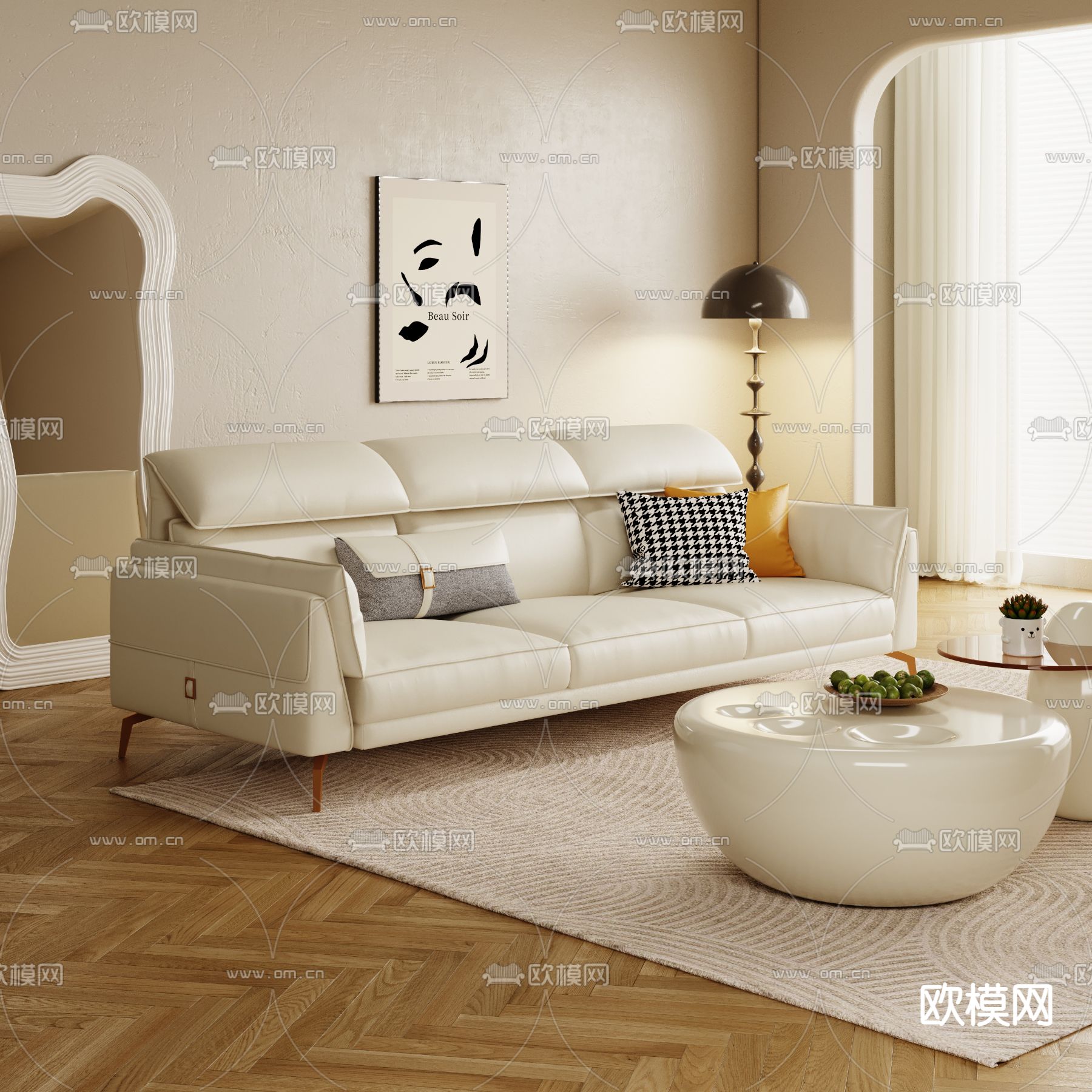 奶油风沙发3d模型下载_ID14018150_3dmax免费模型-欧模网