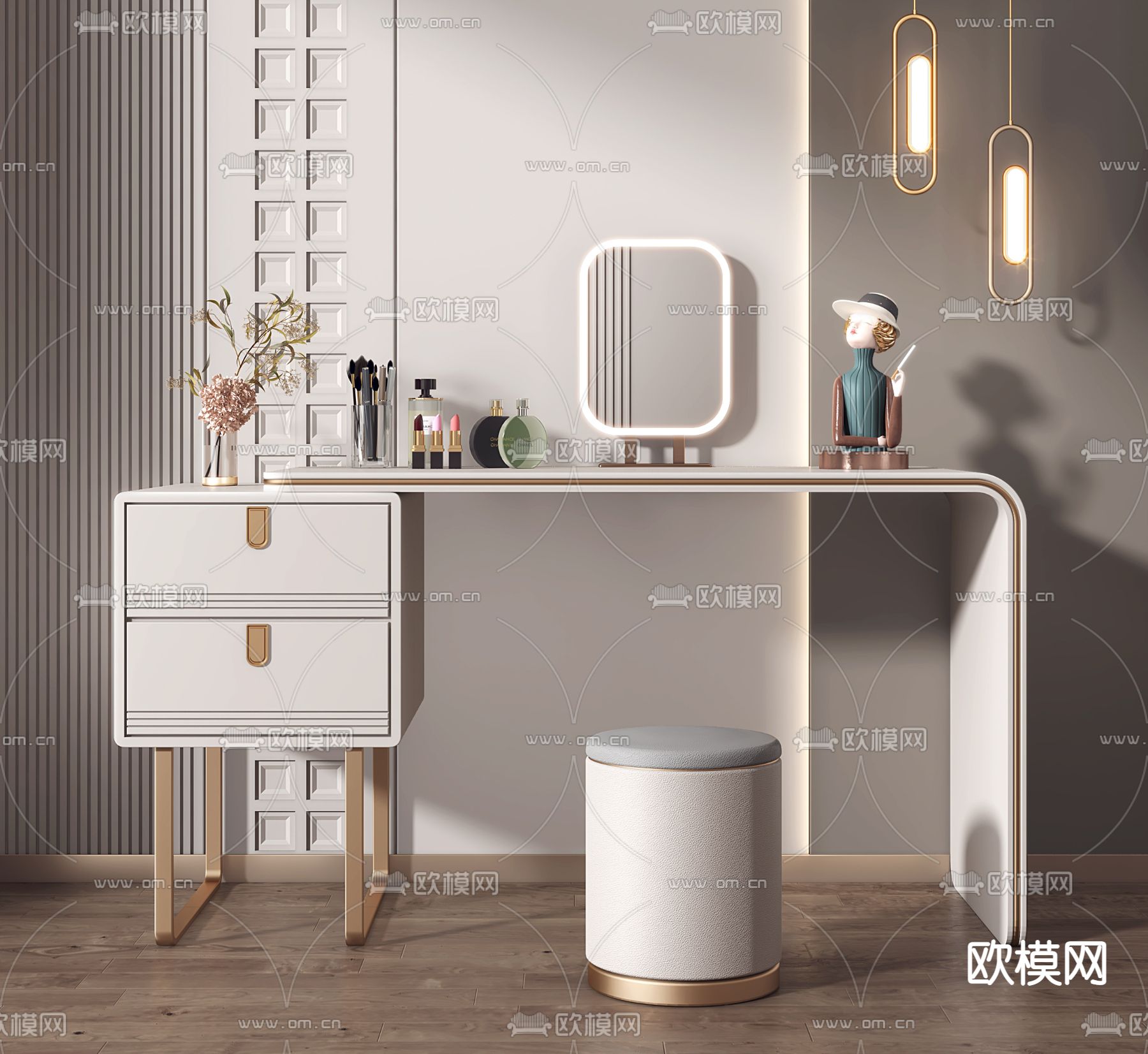 奶油梳妆台 化妆台3d模型下载