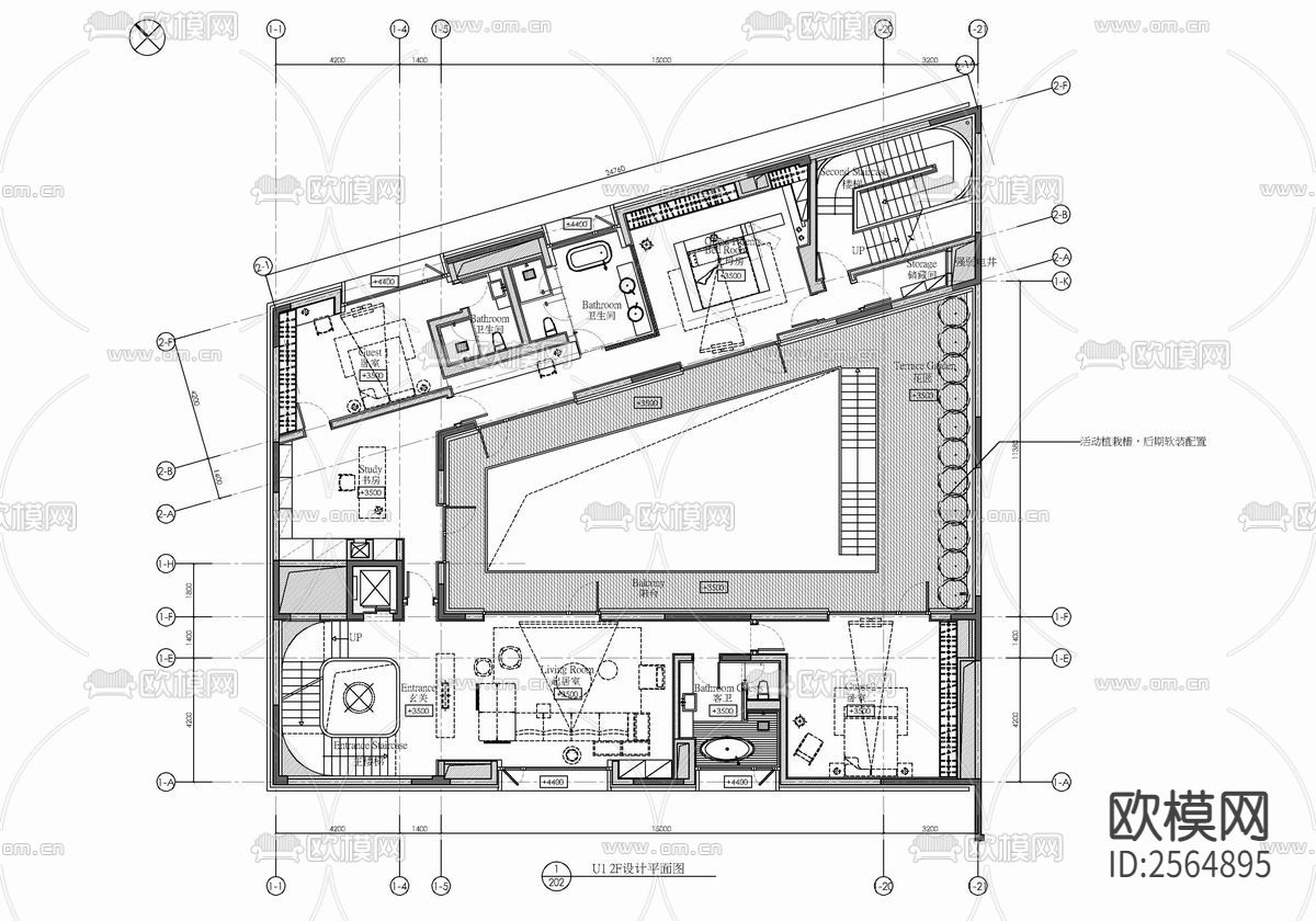 四层合院别墅室内CAD施工图下载（渲染图4）