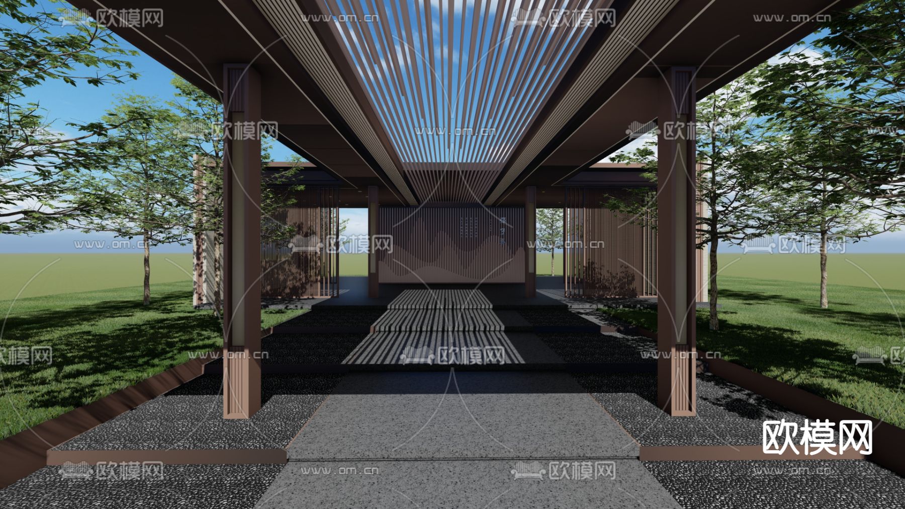 山水格栅廊架su模型下载（渲染图1）