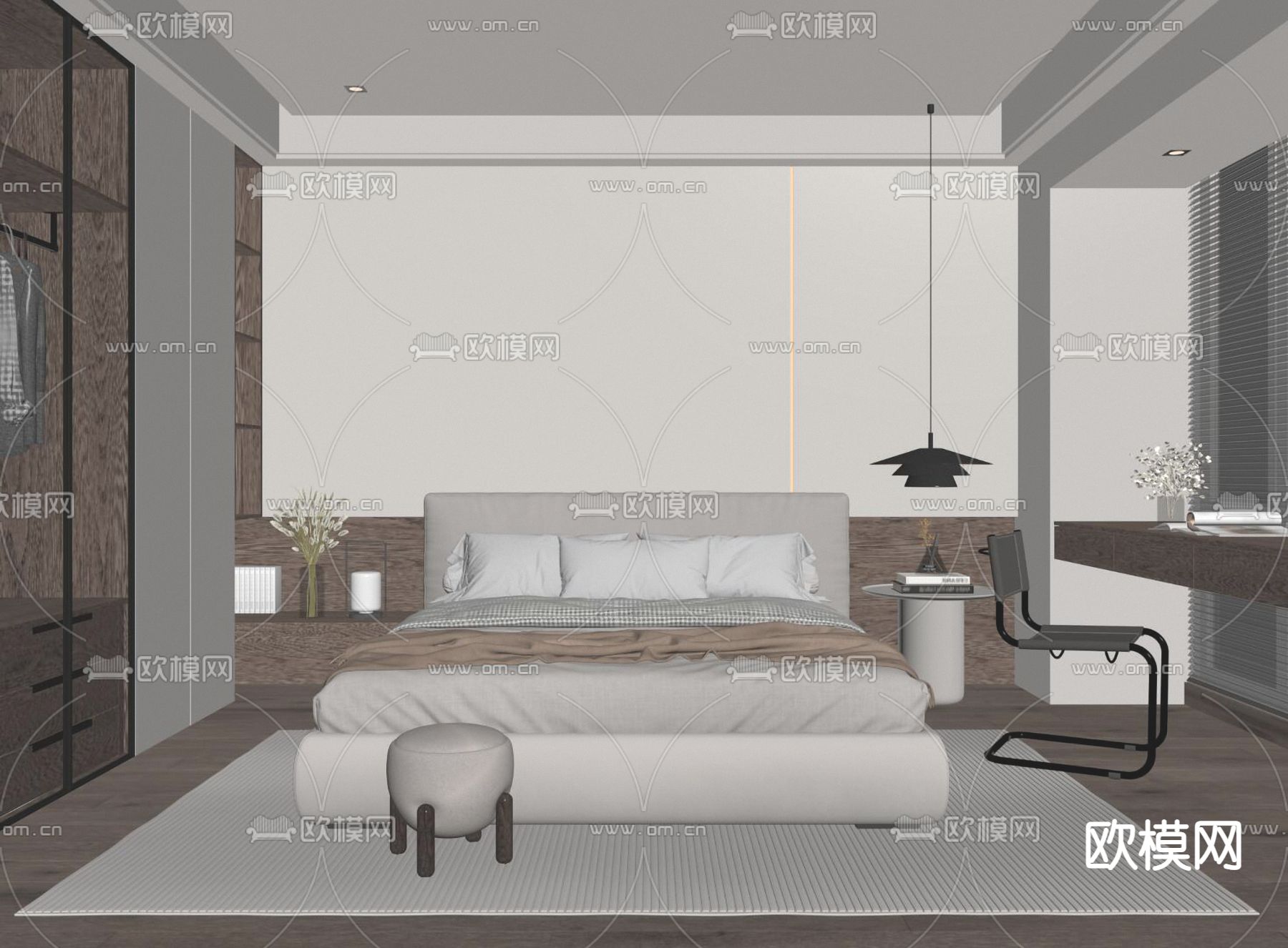 奶油风卧室 主人房su模型下载（渲染图2）