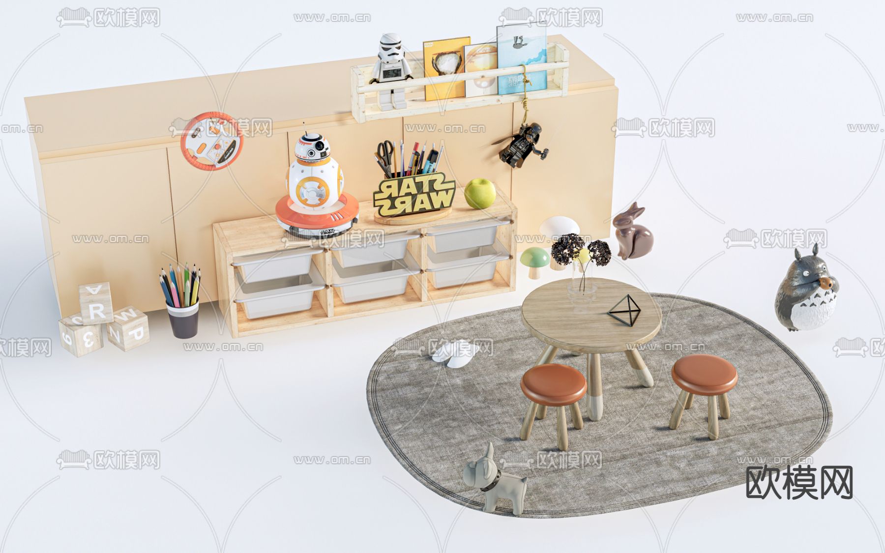 现代儿童桌椅su模型下载（渲染图1）