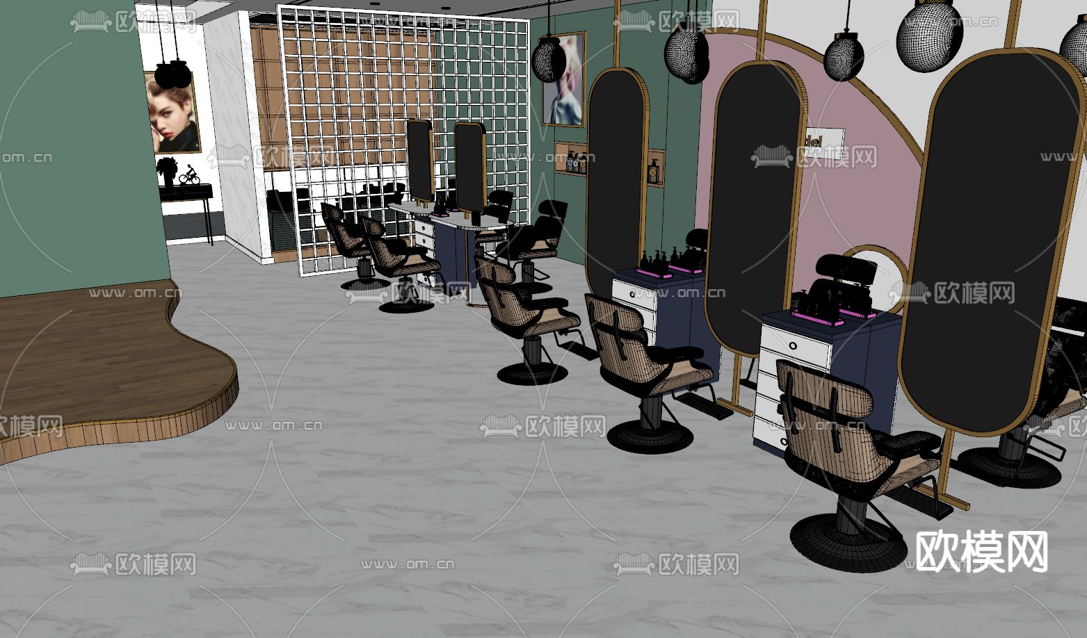 轻奢理发店su模型下载（渲染图2）