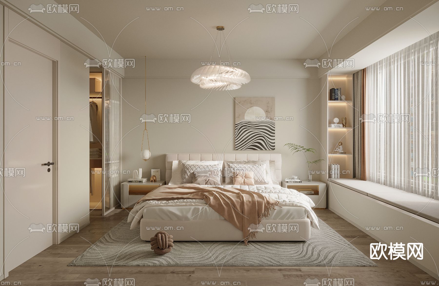 奶油风卧室 主卧3d模型下载_ID14017184_3dmax免费模型-欧模网