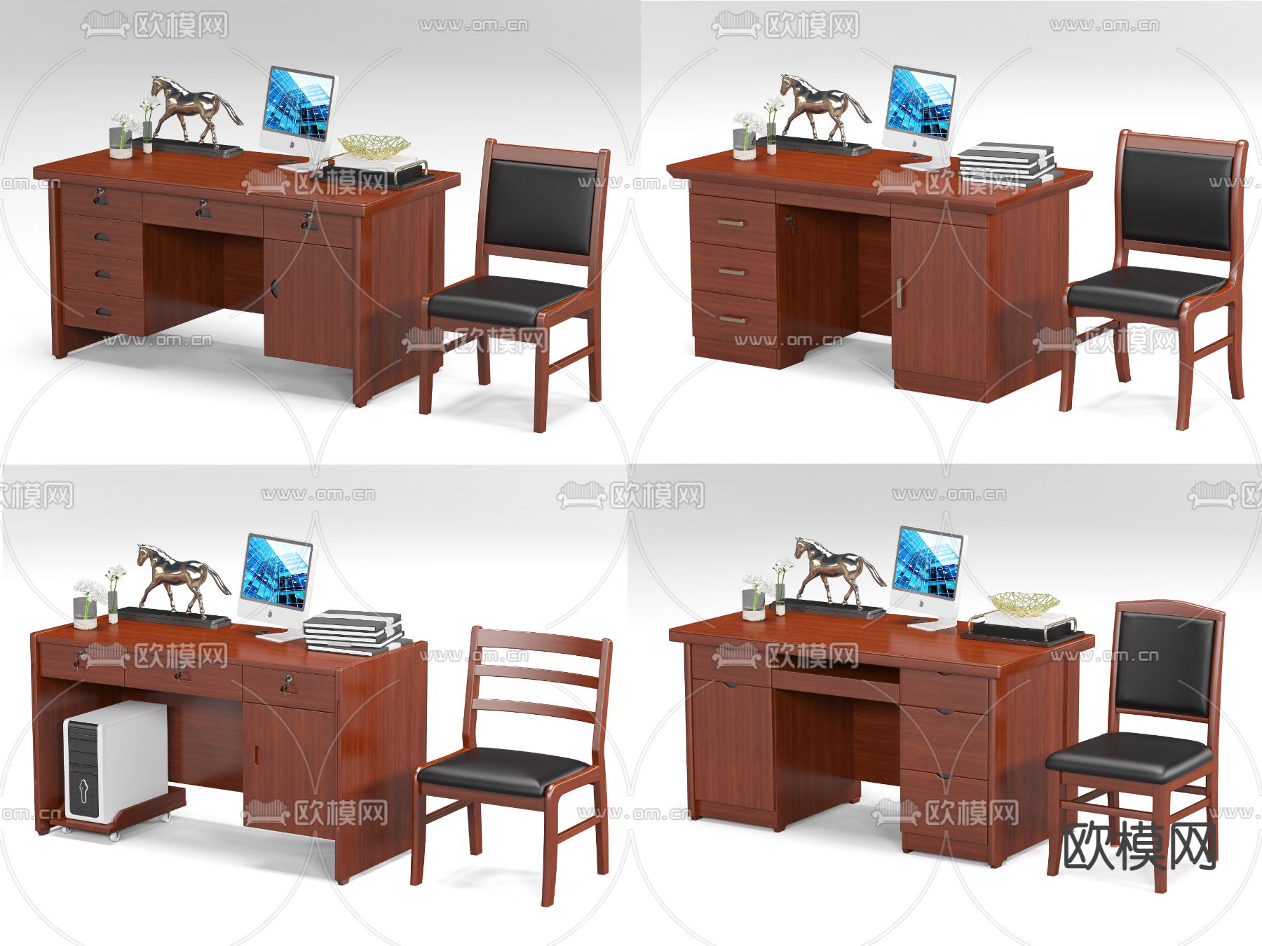 现代班台桌椅su模型下载（渲染图1）