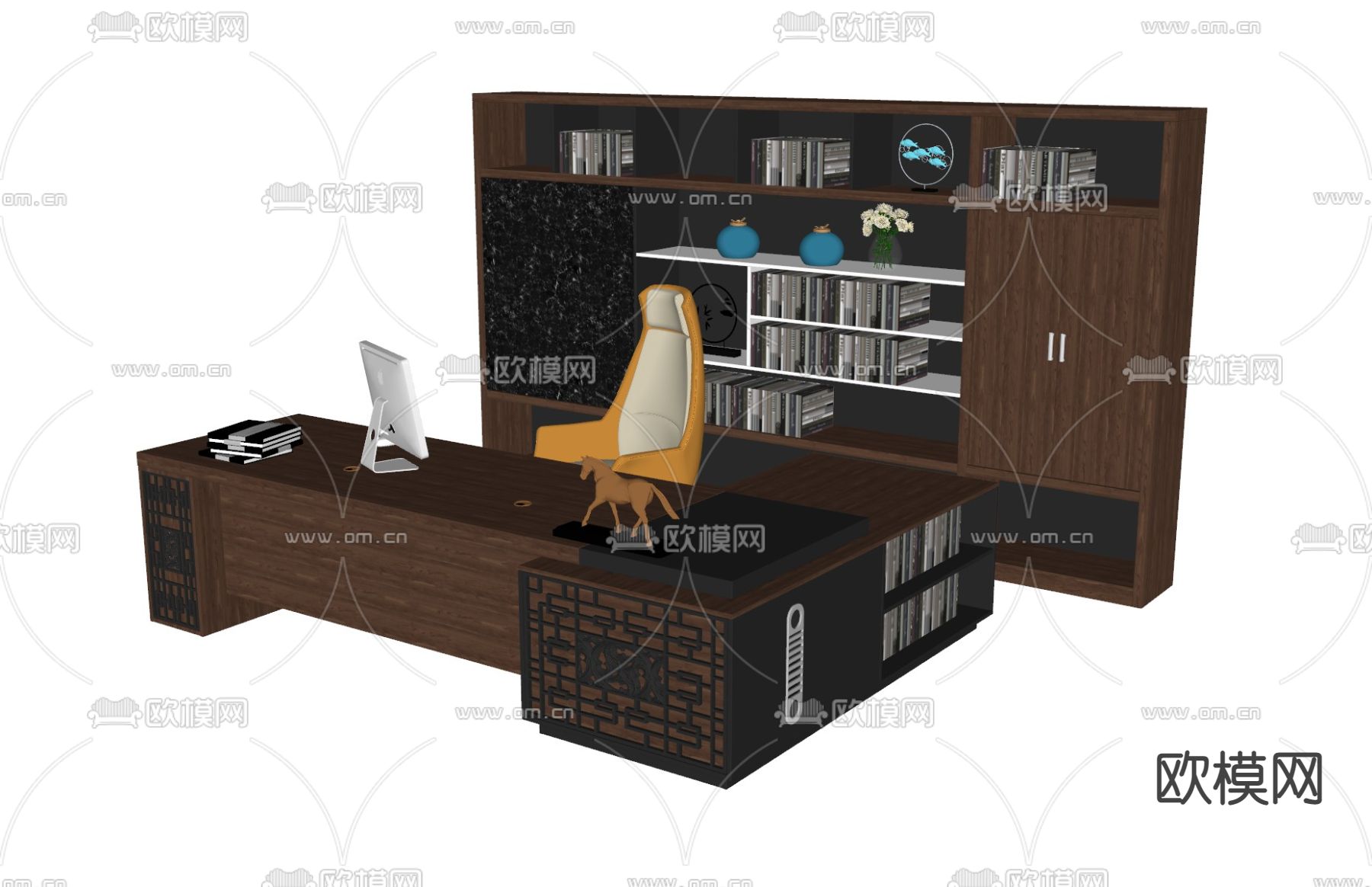 新中式班台桌椅su模型下载（渲染图3）