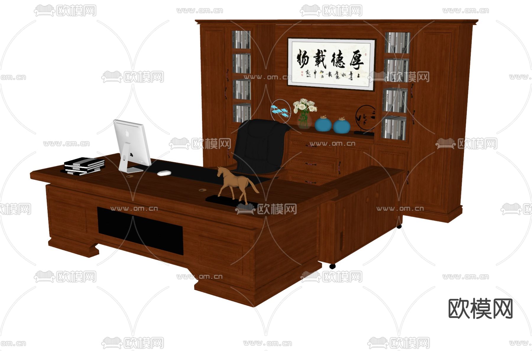 新中式班台桌椅su模型下载（渲染图4）