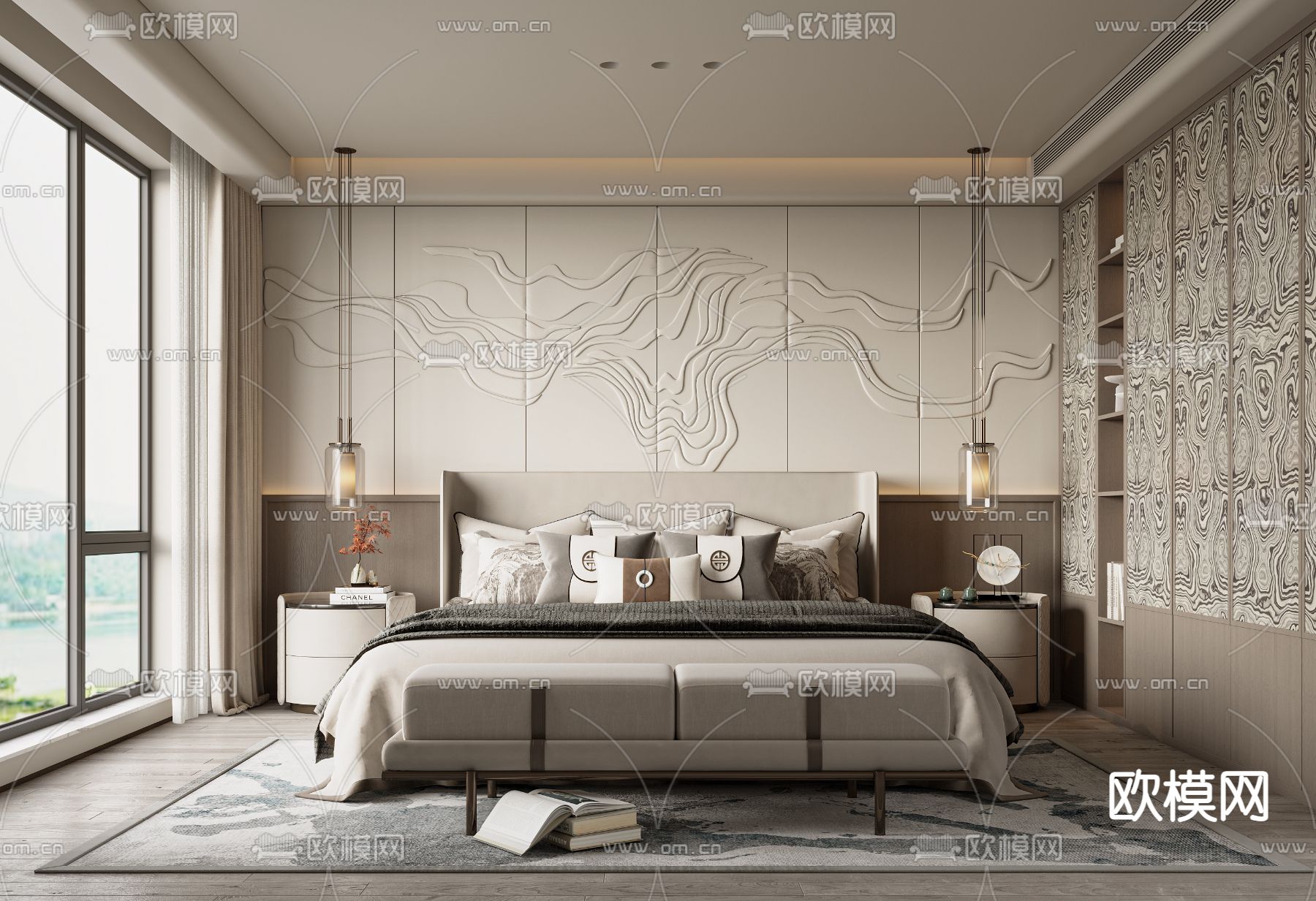 新中式卧室 主卧3d模型下载_ID14019143_3dmax免费模型-欧模网