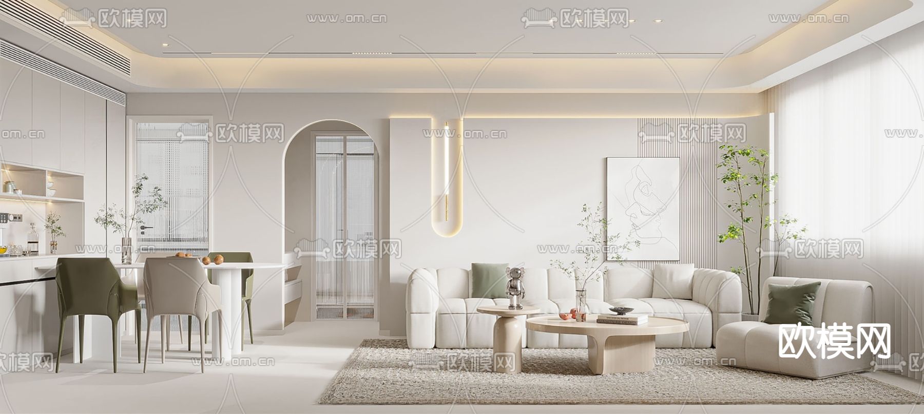 奶油风客餐厅su模型下载（渲染图1）