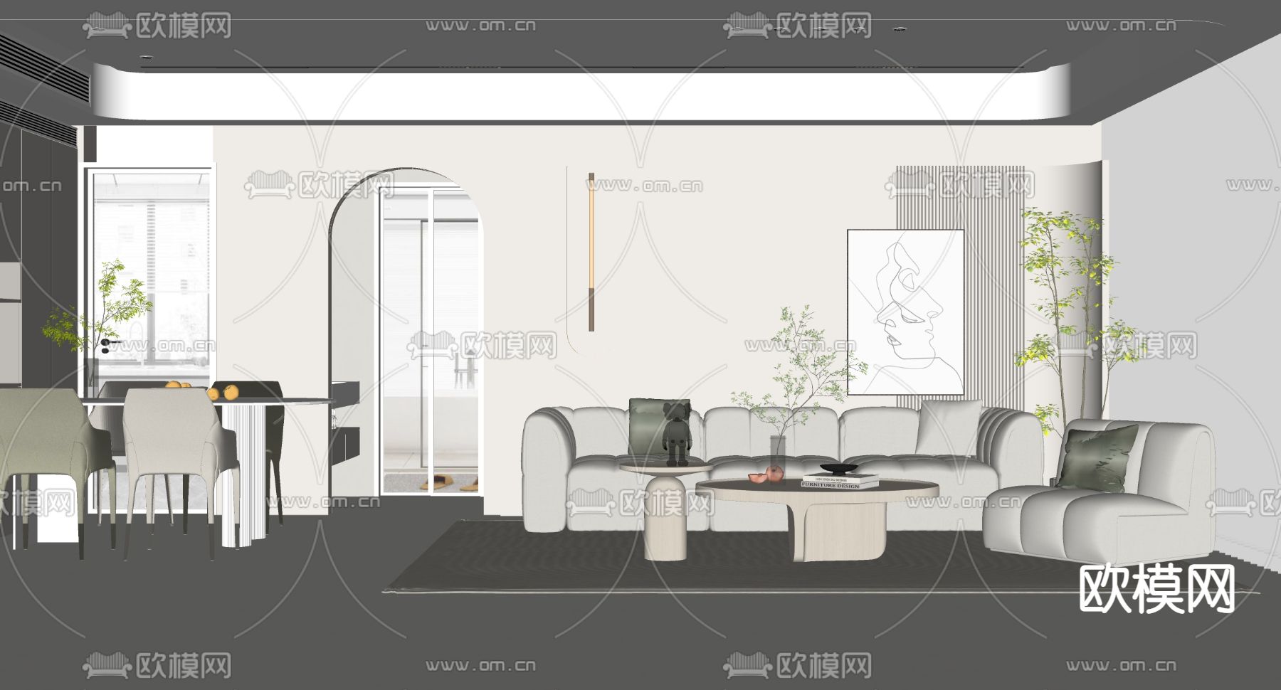 奶油风客餐厅su模型下载（渲染图2）