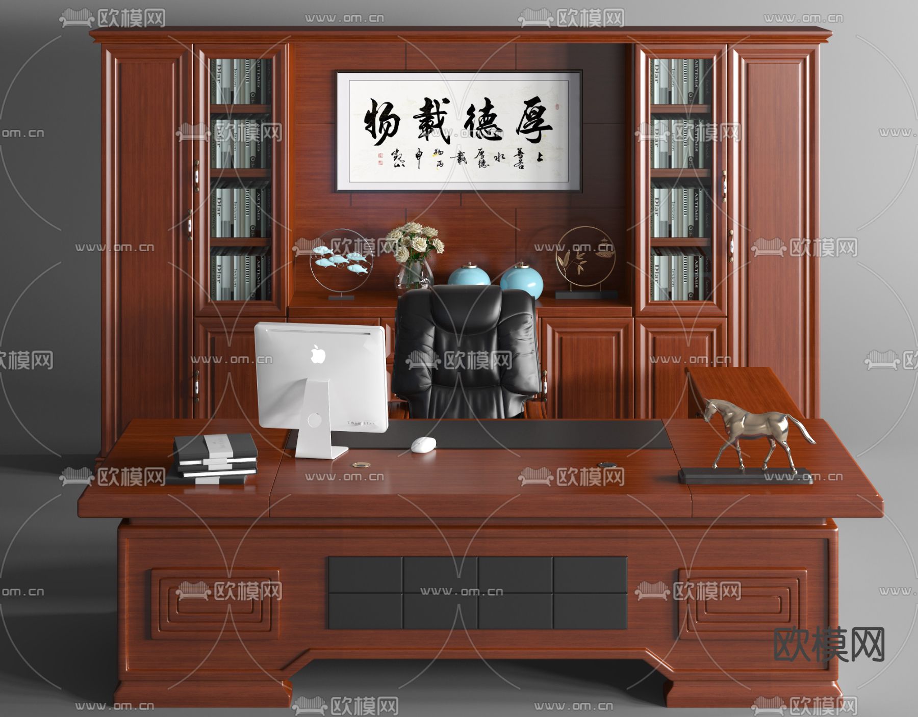 新中式班台桌椅su模型下载（渲染图1）