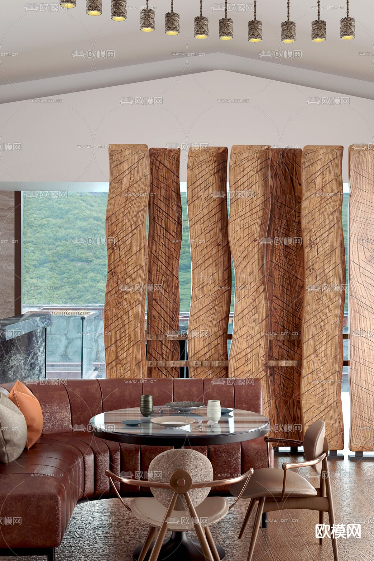 HBA设计 中古风餐厅 卡座餐桌椅3d模型下载（渲染图1）