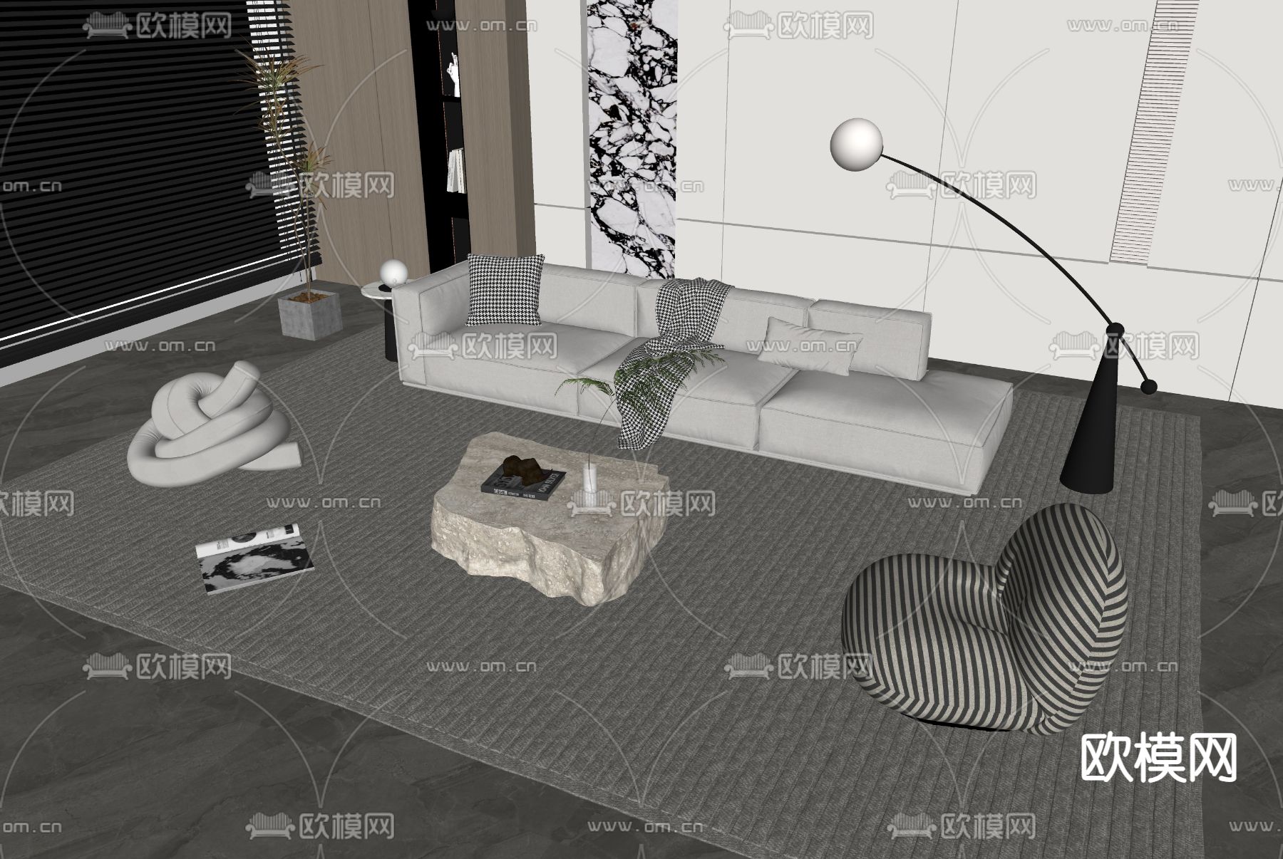 奶油风组合沙发su模型下载（渲染图2）