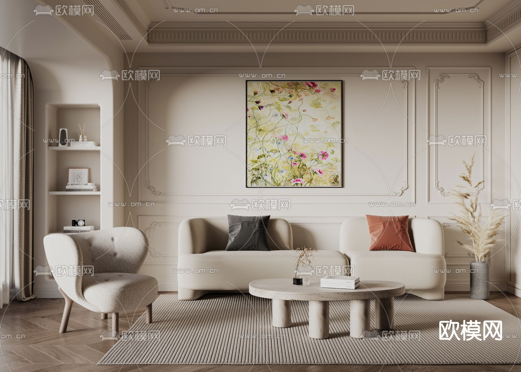 奶油风沙发3d模型下载_ID14019146_3dmax免费模型-欧模网