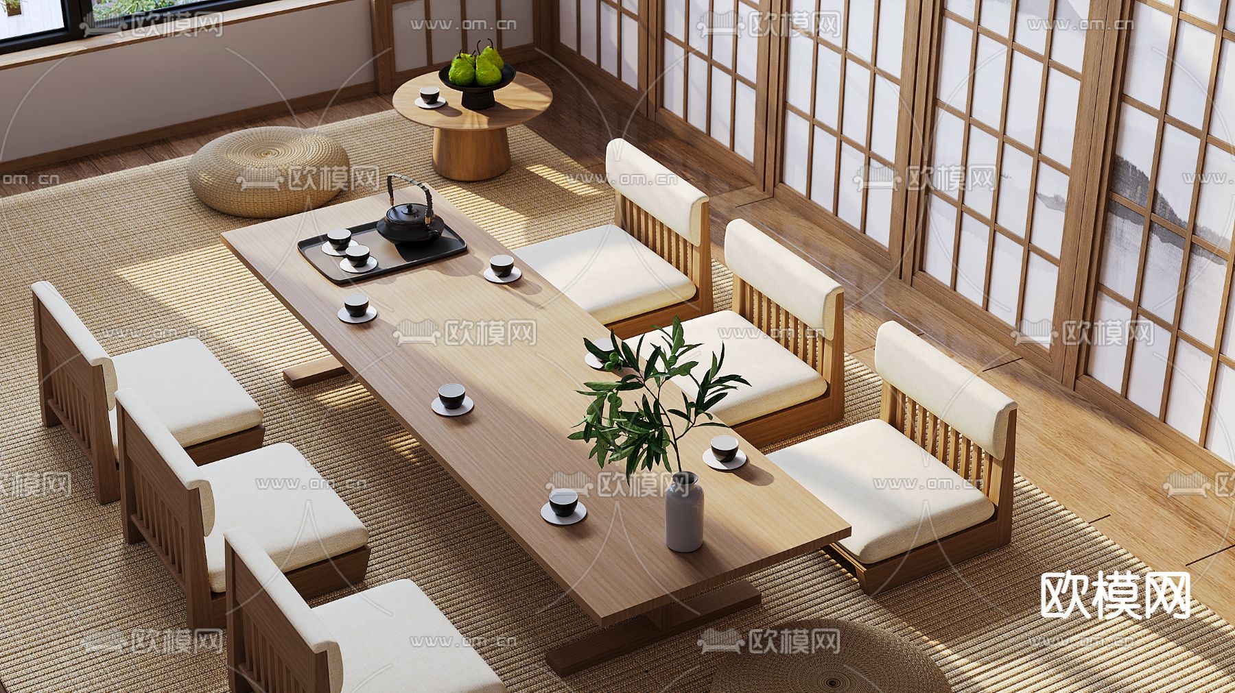 日式榻榻米茶桌椅su模型下载（渲染图1）