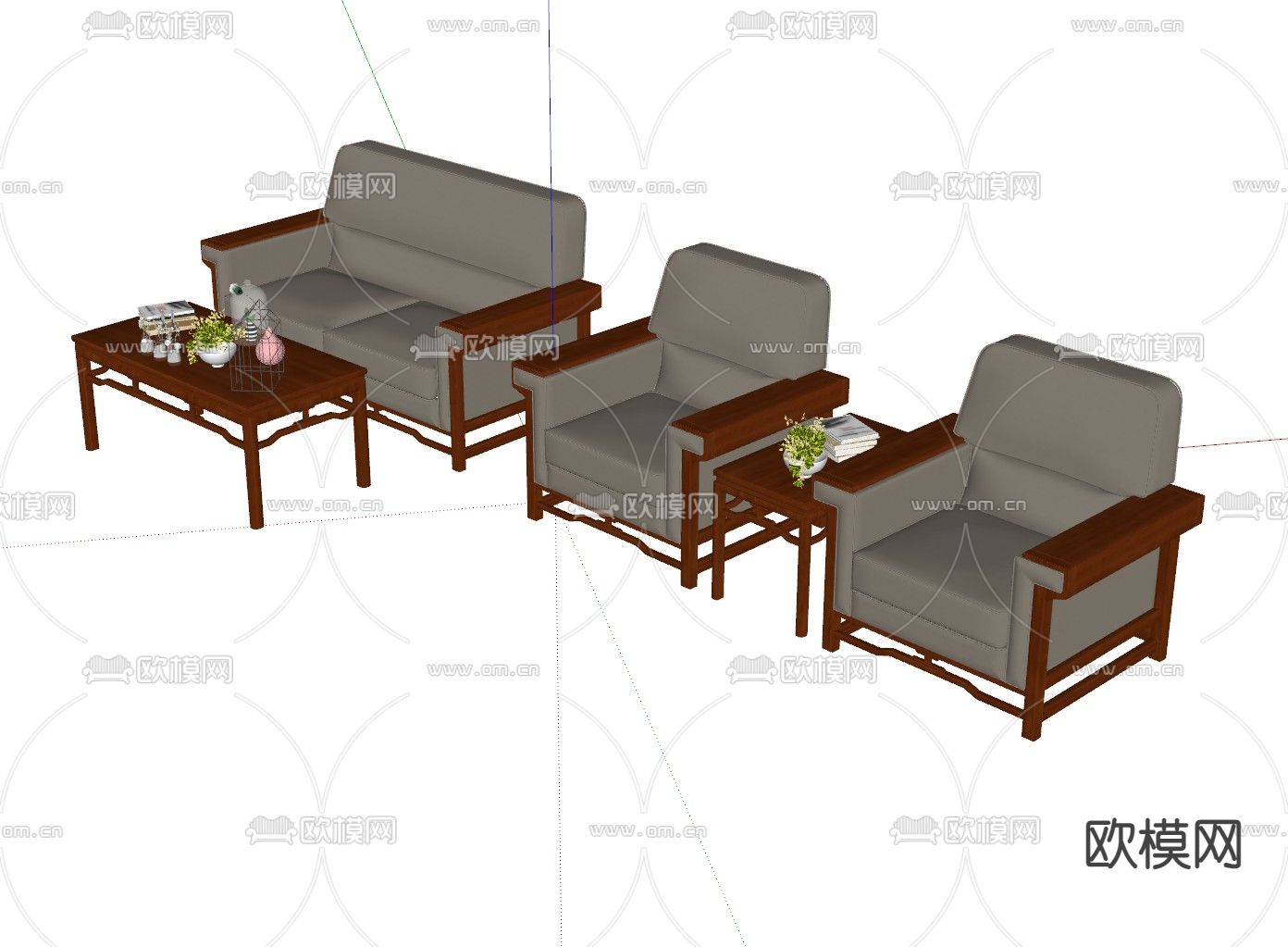 新中式办公沙发su模型下载（渲染图3）