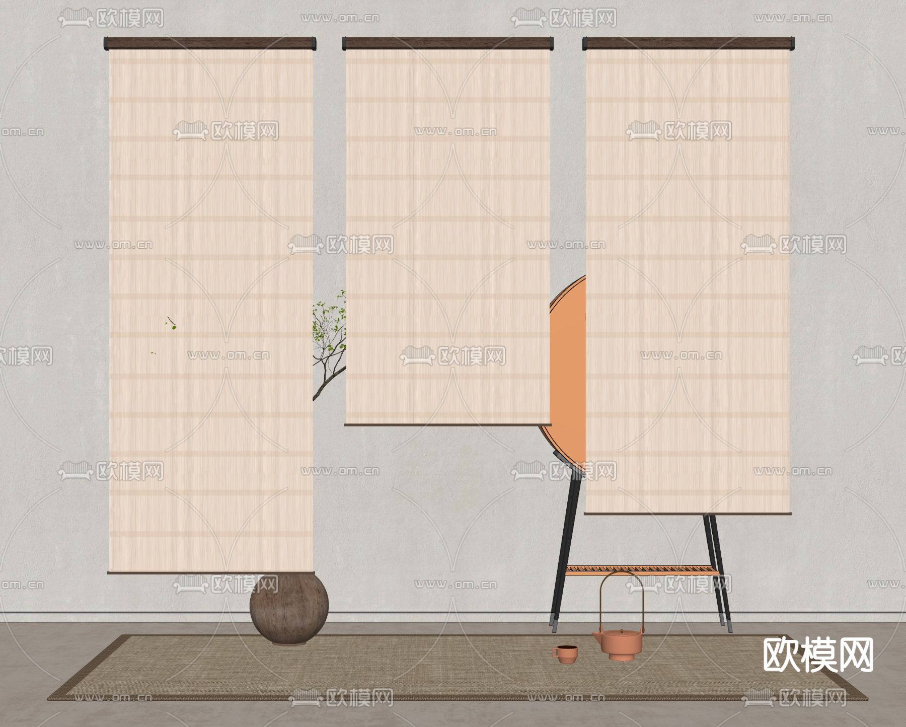 新中式卷帘su模型下载（渲染图2）