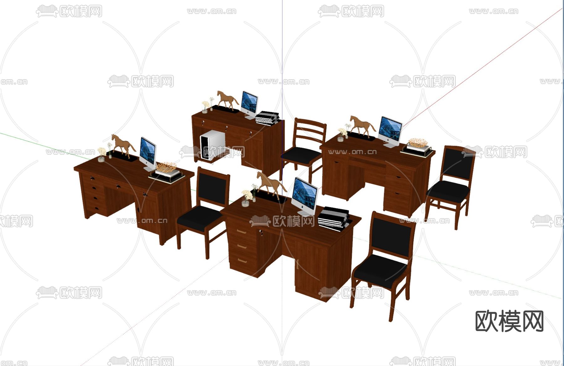 现代班台桌椅su模型下载（渲染图2）