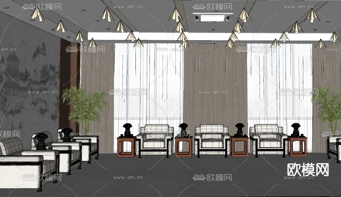 新中式接待室su模型下载（渲染图2）