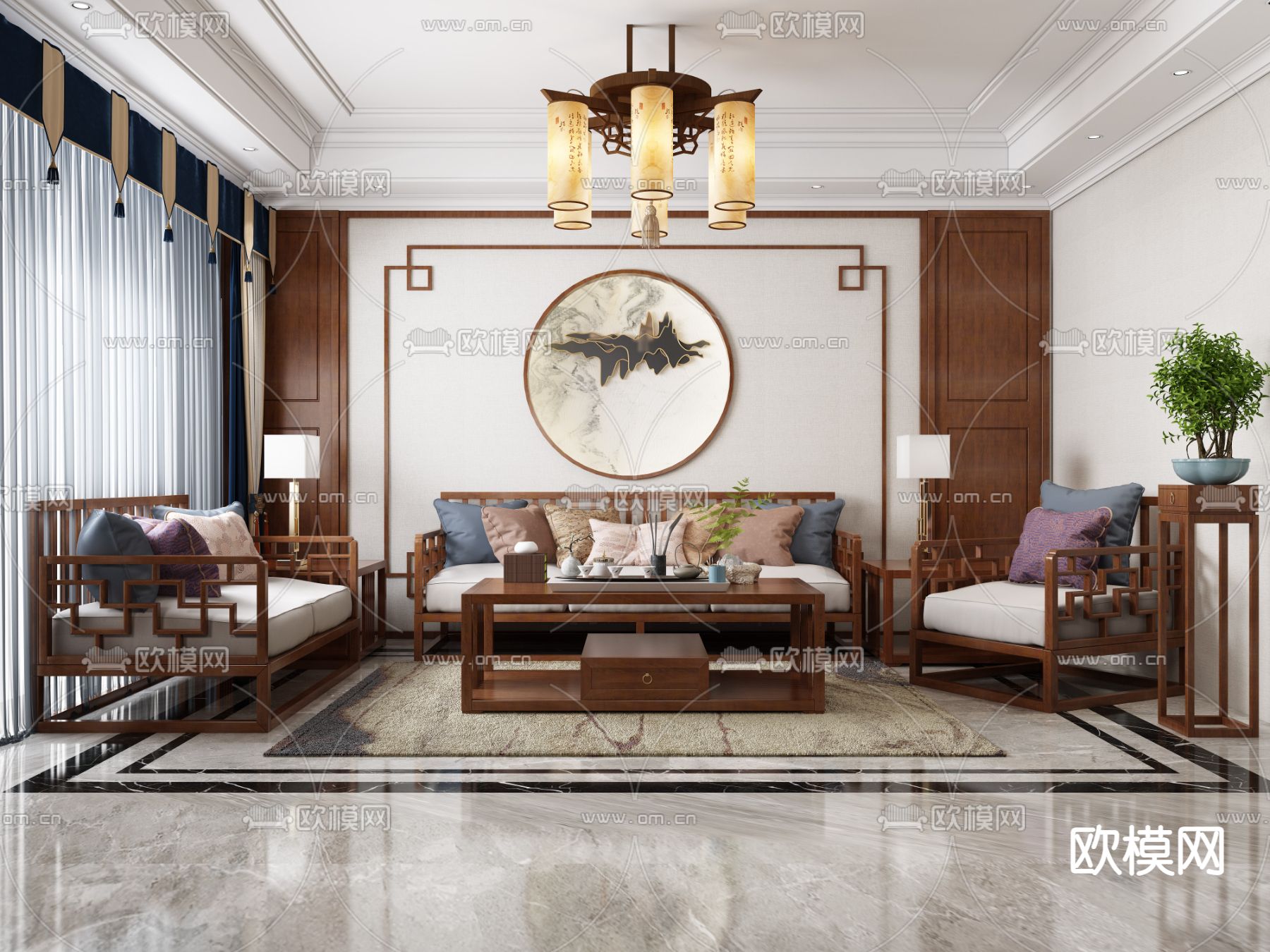 新中式客厅su模型下载_ID14016566_sketchup模型下载-欧模网