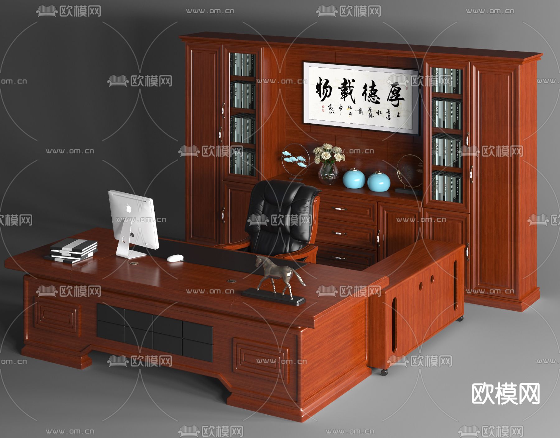 新中式班台桌椅su模型下载（渲染图2）