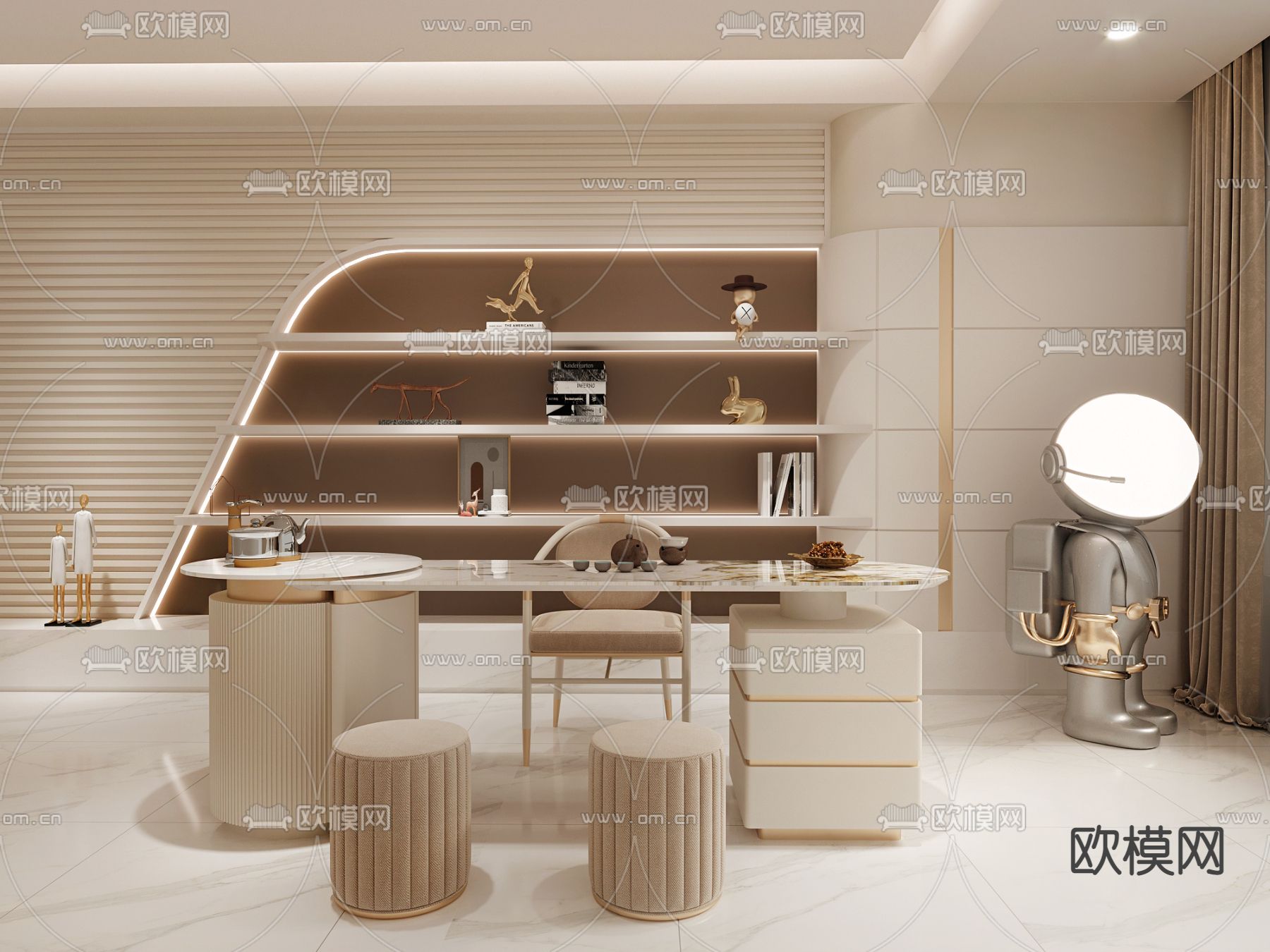 奶油风茶桌 茶台3d模型下载