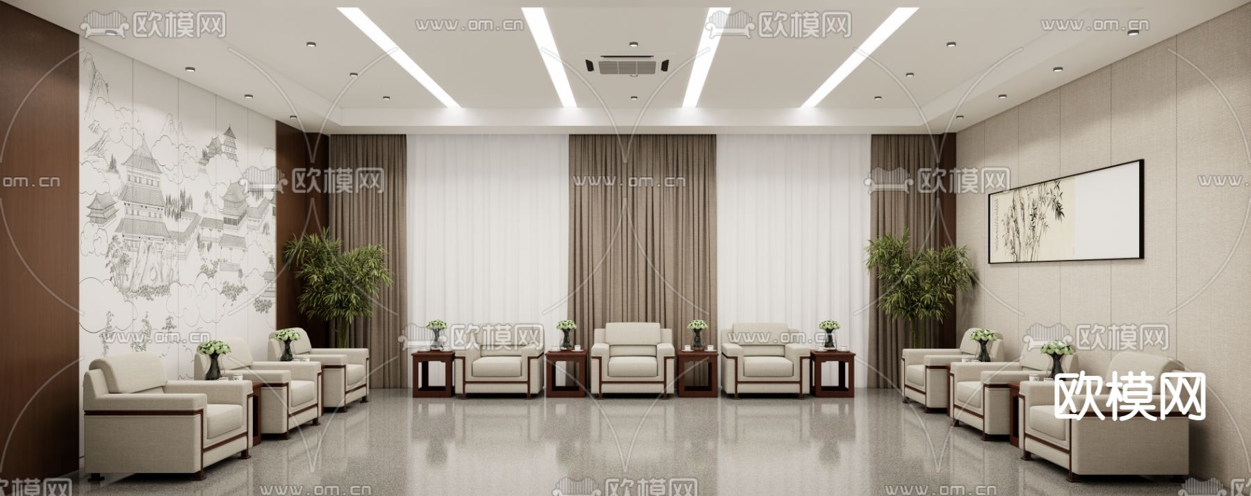 新中式接待室su模型下载（渲染图1）